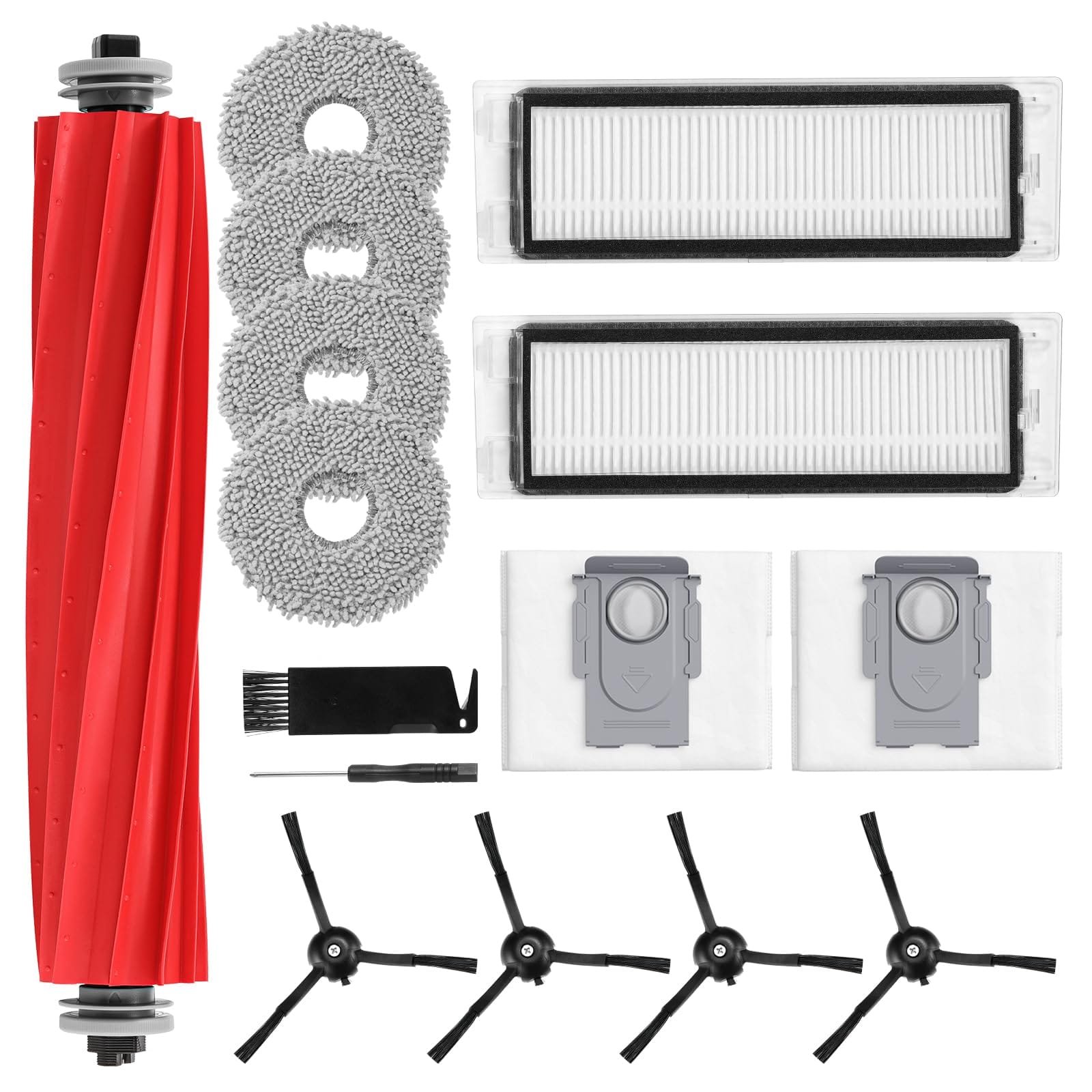 Q Revo Robot Vacuum 15-Piece Accessory Replacement Kit with Rolling Brush, Hepa Filters, Dust Bags, Mop Pads, and Side Brushes