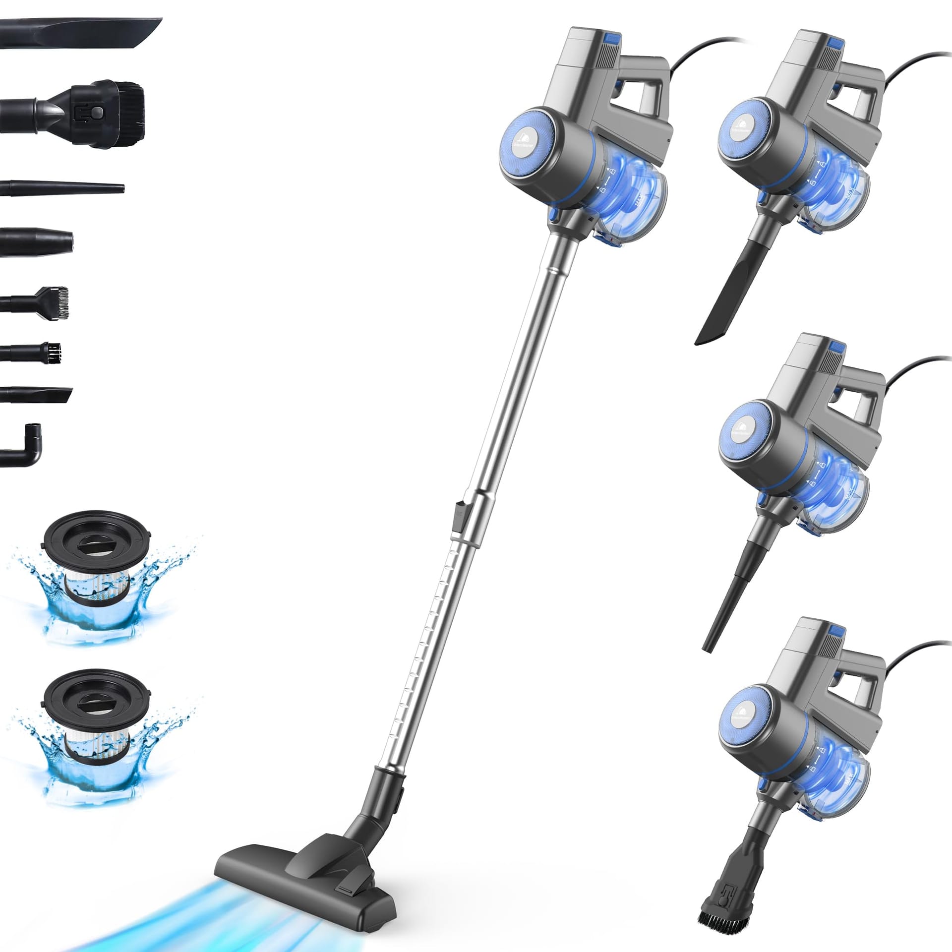 ** Intercleaner Corded Vacuum Cleaner, 17Kpa Powerful Suction, 600W Motor, 10-in-1 Lightweight Bagless Stick Vac with Handheld

**DESCRIPTION:** Experience the ultimate cleaning power with the Intercleaner Corded Vacuum Cleaner. Boasting a powerful 17Kpa suction delivered by a 600W motor, this 10-in-1 multifunctional vacuum is designed to tackle all your cleaning needs. Equipped with various accessories such as a dusting brush, crevice nozzles, and extension wand, this vacuum effortlessly clears debris, dust, and pet hair from hardwood floors, carpets, cars, and more.

With an extra-long 18.7ft cord, you can easily maneuver around your space without the hassle of frequent plug changes. The lightweight and portable design make it ideal for users of all ages, while the handheld vacuum mode allows for quick cleaning of sofas, cars, and other hard-to-reach areas. The large-capacity dust cup and Pro-Max Filtration System ensure thorough cleaning and prevent secondary air pollution.

Say goodbye to dust inhalation and hello to a cleaner, healthier home. Ideal for pet owners, the Intercleaner Corded Vacuum Cleaner is your go-to solution for powerful, efficient cleaning. Plus, with a one-touch dust emptying feature and a 1-year warranty, cleaning has never been easier or more convenient. Upgrade your cleaning routine today with the Intercleaner Corded Vacuum Cleaner!