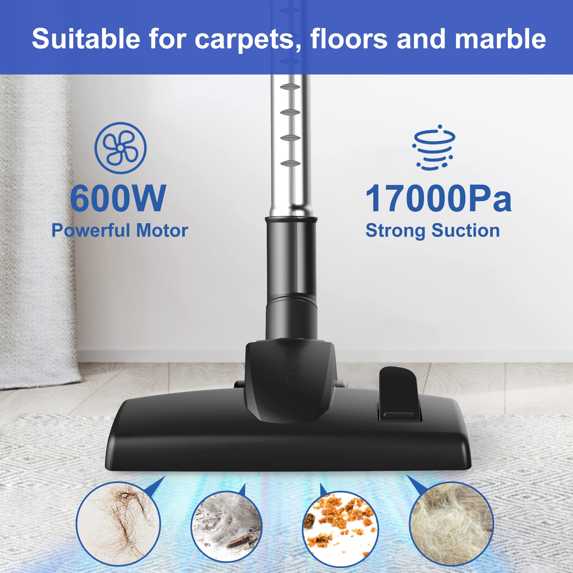 ** Intercleaner Corded Vacuum Cleaner, 17Kpa Powerful Suction, 600W Motor, 10-in-1 Lightweight Bagless Stick Vac with Handheld

**DESCRIPTION:** Experience the ultimate cleaning power with the Intercleaner Corded Vacuum Cleaner. Boasting a powerful 17Kpa suction delivered by a 600W motor, this 10-in-1 multifunctional vacuum is designed to tackle all your cleaning needs. Equipped with various accessories such as a dusting brush, crevice nozzles, and extension wand, this vacuum effortlessly clears debris, dust, and pet hair from hardwood floors, carpets, cars, and more.

With an extra-long 18.7ft cord, you can easily maneuver around your space without the hassle of frequent plug changes. The lightweight and portable design make it ideal for users of all ages, while the handheld vacuum mode allows for quick cleaning of sofas, cars, and other hard-to-reach areas. The large-capacity dust cup and Pro-Max Filtration System ensure thorough cleaning and prevent secondary air pollution.

Say goodbye to dust inhalation and hello to a cleaner, healthier home. Ideal for pet owners, the Intercleaner Corded Vacuum Cleaner is your go-to solution for powerful, efficient cleaning. Plus, with a one-touch dust emptying feature and a 1-year warranty, cleaning has never been easier or more convenient. Upgrade your cleaning routine today with the Intercleaner Corded Vacuum Cleaner! - Review Image 2