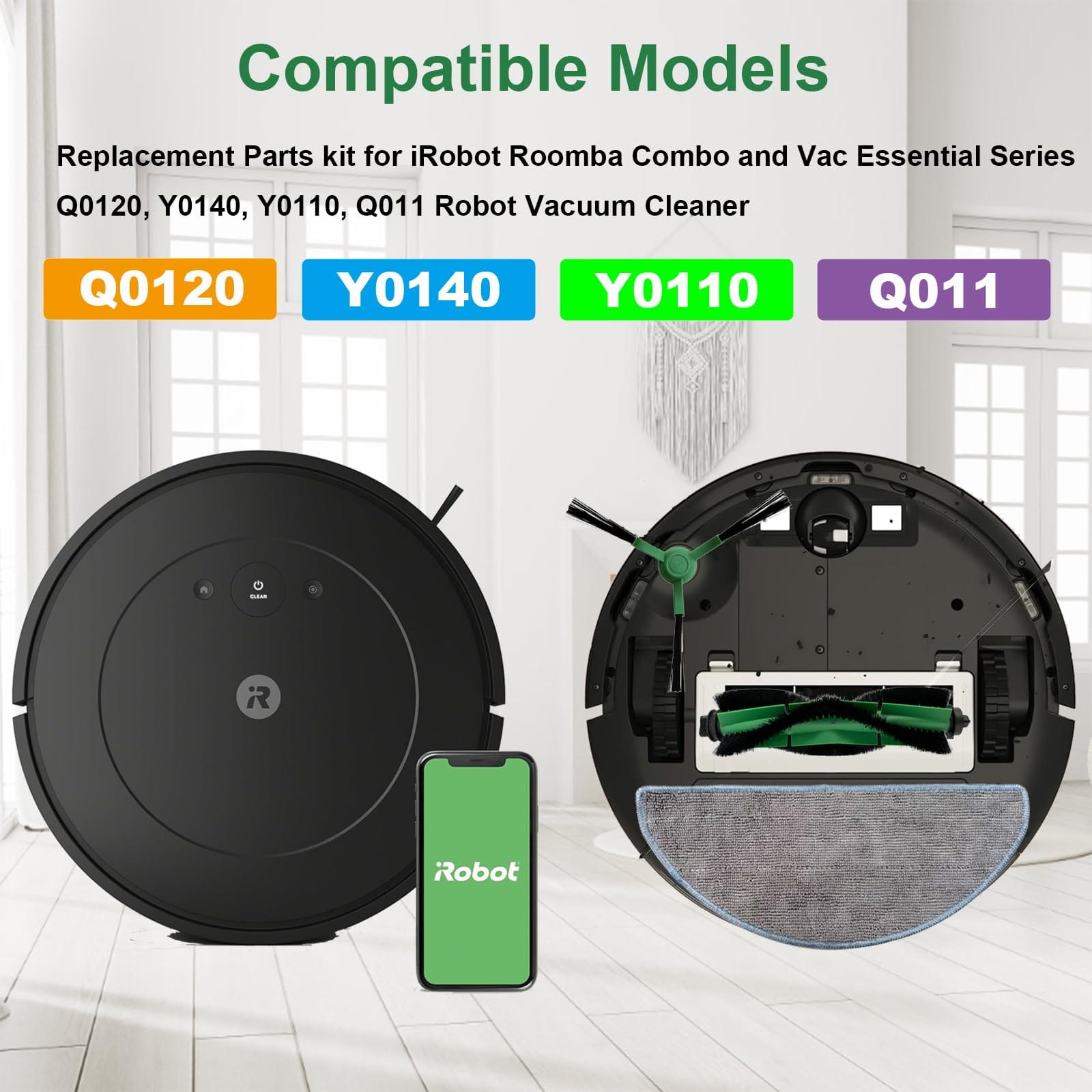 14 Pack Replacement Parts Kit for iRobot Roomba Combo Q0120, Y0140, Y0110, Q011 Robot Vacuum Cleaner - Main Brush, Side Brushes, HEPA Filters, Mop Cloth, Cleaning Brush - Review Image 2