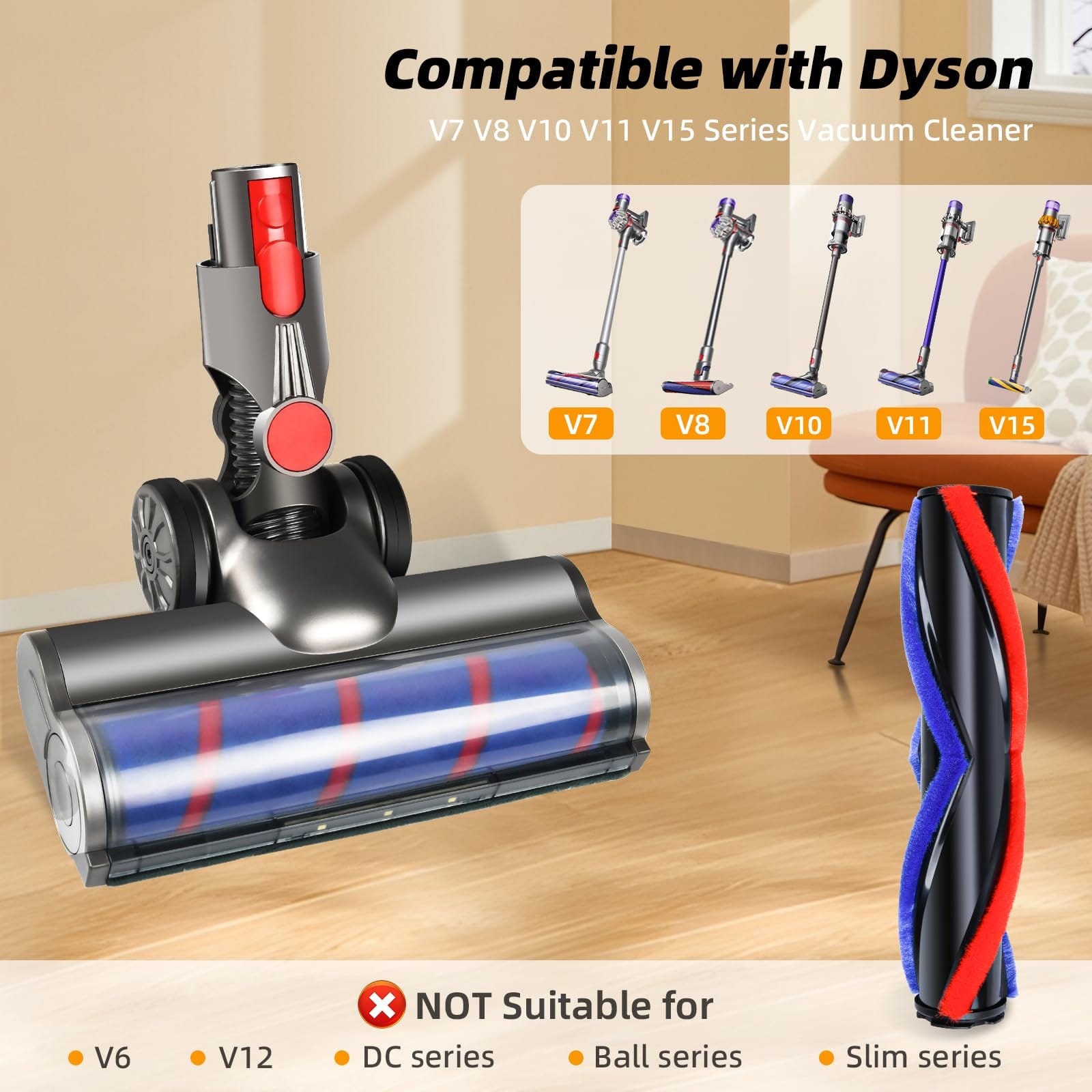 Motorhead Vacuum Attachments Brush Kit for Dyson V7 V8 V10 V11 V15 Series Cleaners with Headlights, Soft and V-Shaped Rollers for Hardwood Floors and Carpets - Review Image 2