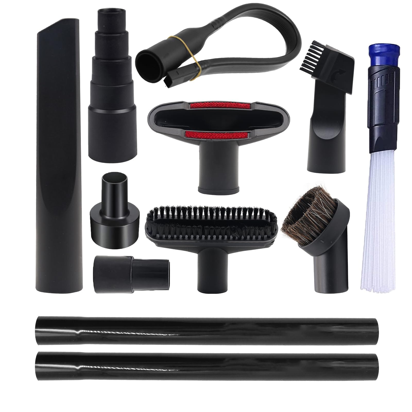 12-Piece Vacuum Attachments Kit with Universal Vacuum Hose Adapter for Shop Vac Accessories - Includes Horse Hair Brush, Flexible Crevice Tool, and Extension Wand