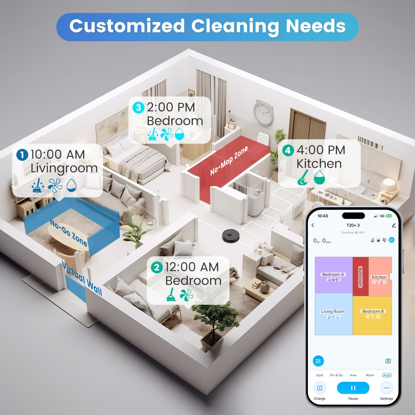 Self-Emptying Airrobo T20+ Robot Vacuum and Mop Combo with 180Mins Runtime for Pet Hair, Hardwood Floors, and Carpet - Wi-Fi/App/Alexa/Remote Control, Home Mapping & Schedule - Review Image 3