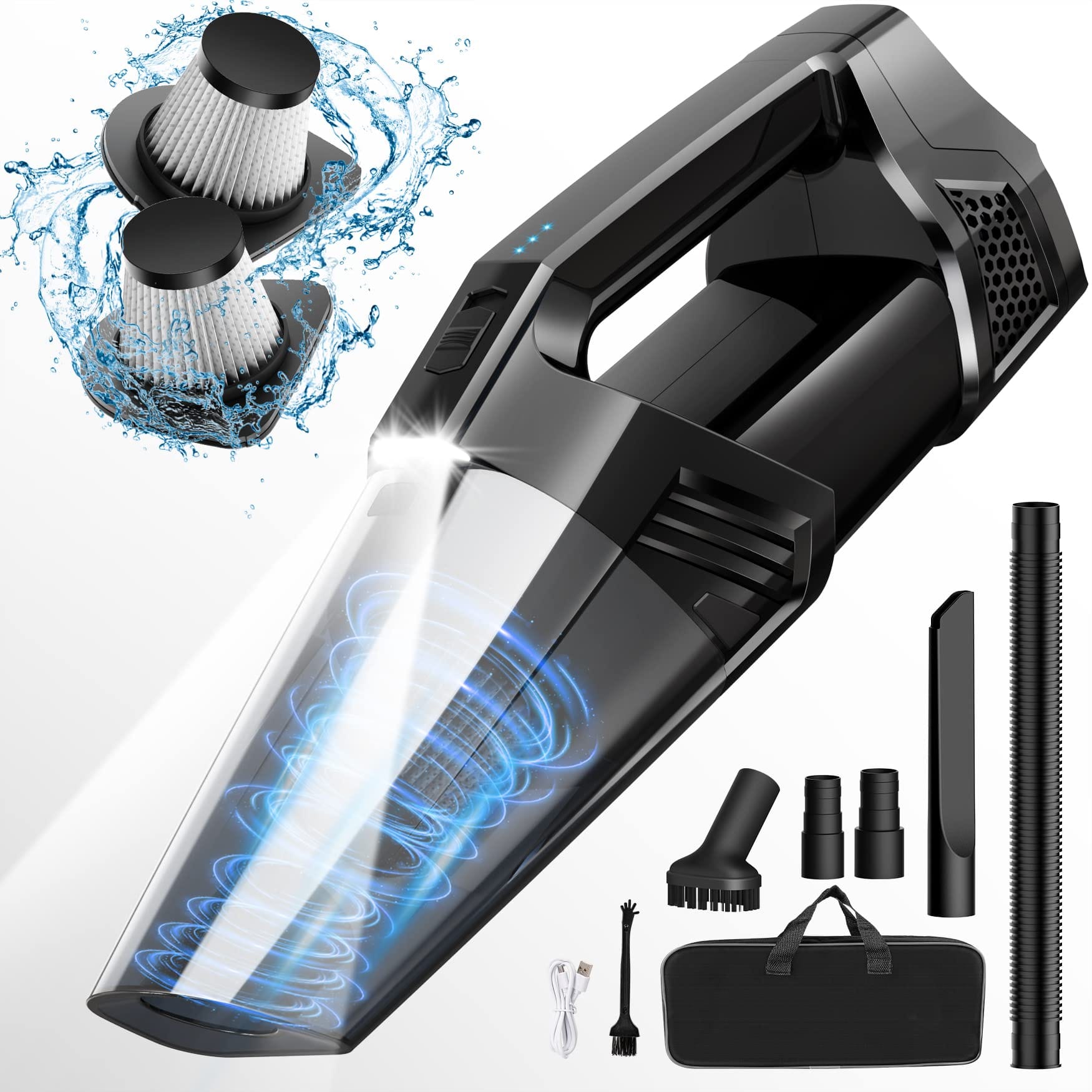 Cordless Portable Handheld Vacuum Cleaner with LED Light, High Power Suction - Lightweight Rechargeable Car Home Office Cleaner for Pet Hair - Black