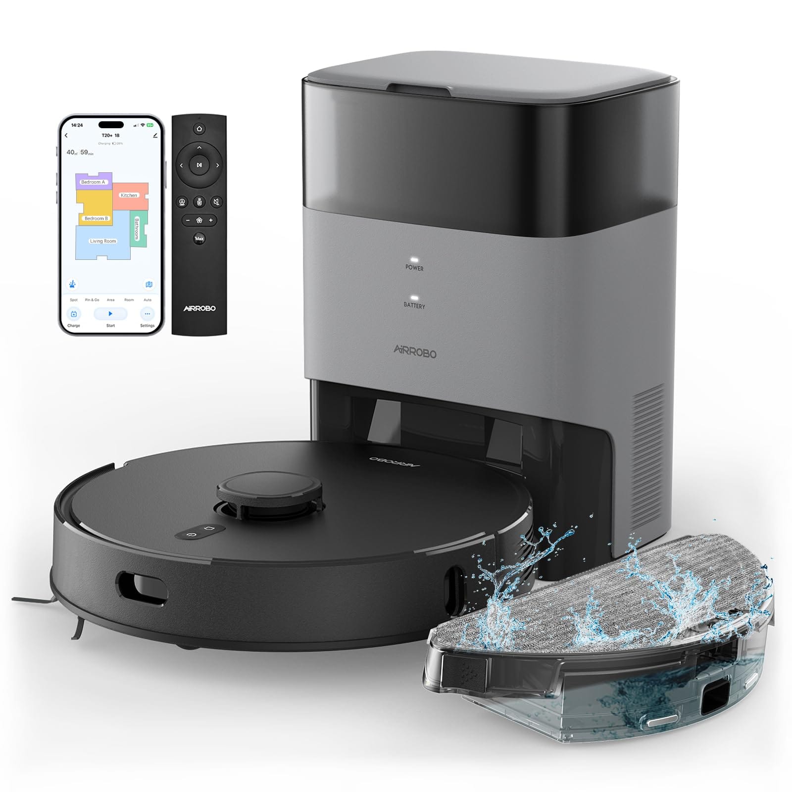 Self-Emptying Airrobo T20+ Robot Vacuum and Mop Combo with 180Mins Runtime for Pet Hair, Hardwood Floors, and Carpet - Wi-Fi/App/Alexa/Remote Control, Home Mapping & Schedule