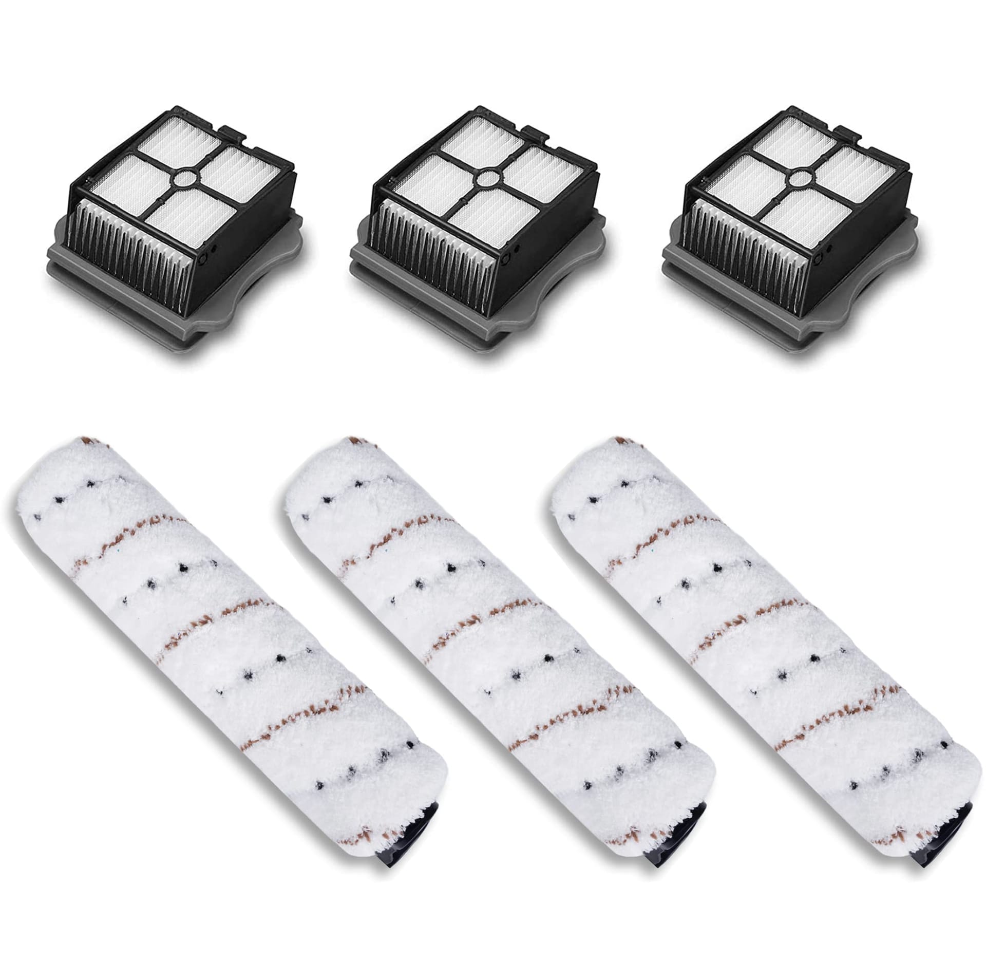 Hard Bristle Roller Brush Upgrade Kit for Tineco iFloor 2 & 3, Breeze Complete, Floor One S3 - 3 Brushes & 3 HEPA Filters