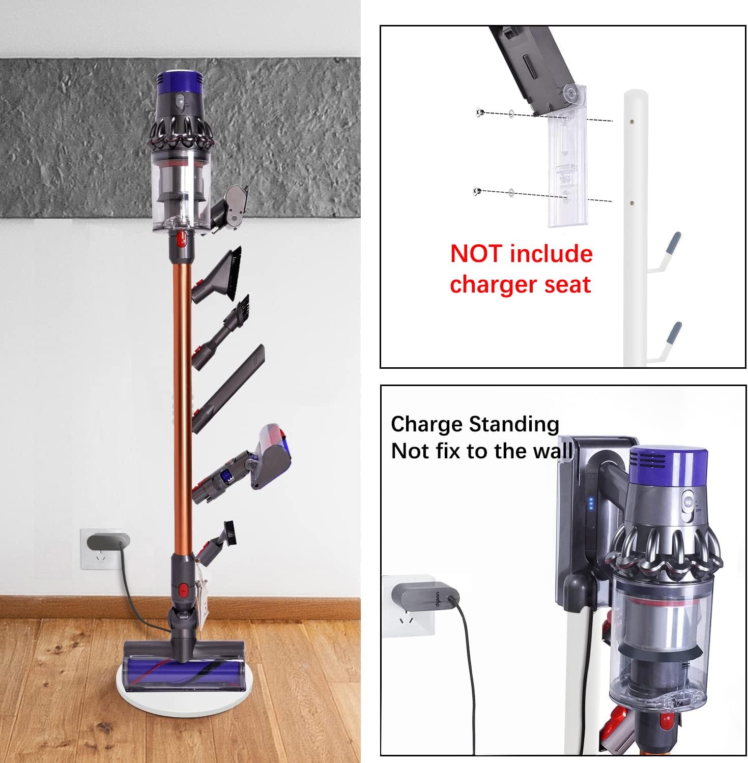 Xigoo Freestanding Vacuum Stand Holder for Dyson V15 Detect, V11 V10 V8 V7 V6 Cordless Vacuums, Floor Docking Station with 6 Hooks - White - Review Image 2