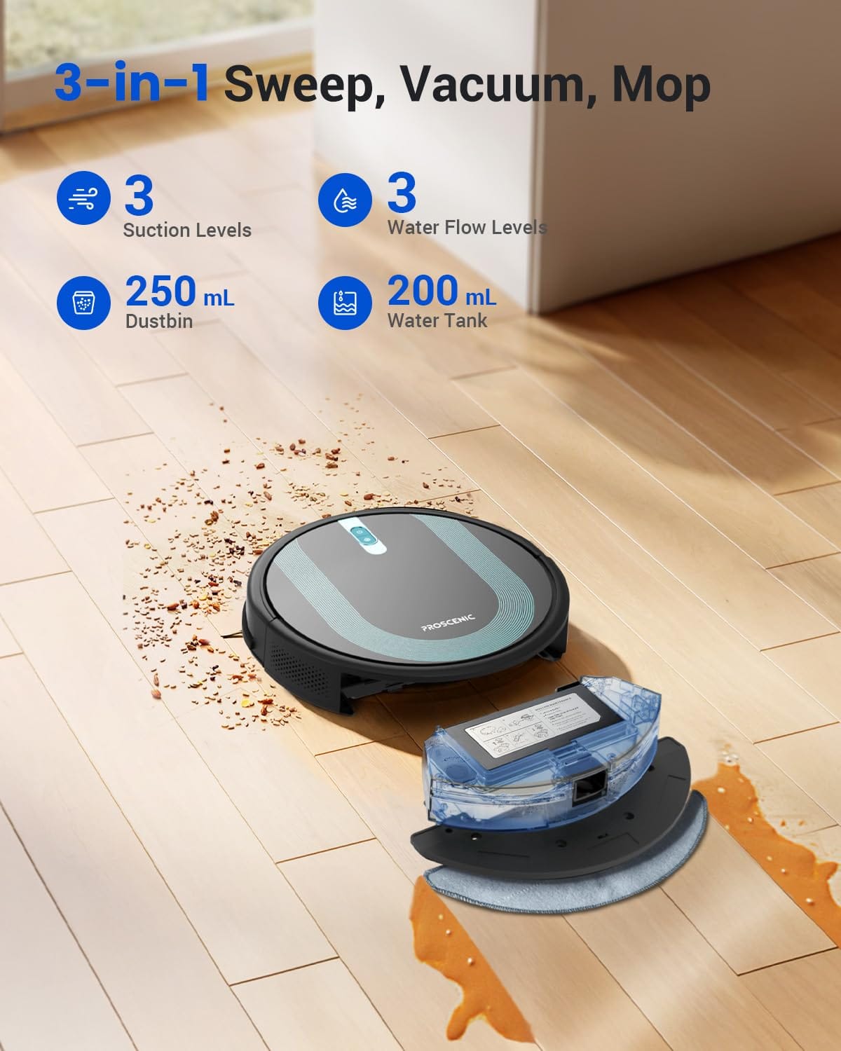 Smart Proscenic Wifi Robot Vacuum and Mop 3000 Pa with Gyro Navigation, Self-Charging - 3 Modes for Hard Floors and Carpets, Remote Control - Dark Black - Review Image 2