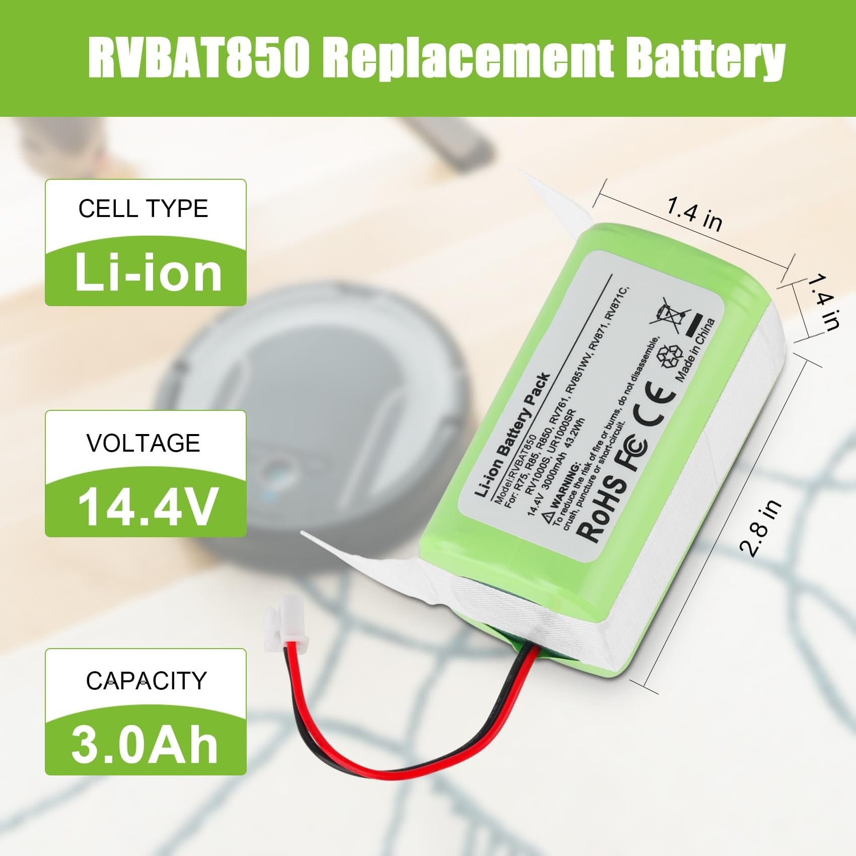 High Capacity RVBAT850 3.0Ah Lithium Ion Battery for Shark Ion Robot Vacuum Cleaners (14.4V, 2-Prong Connector) - Review Image 2