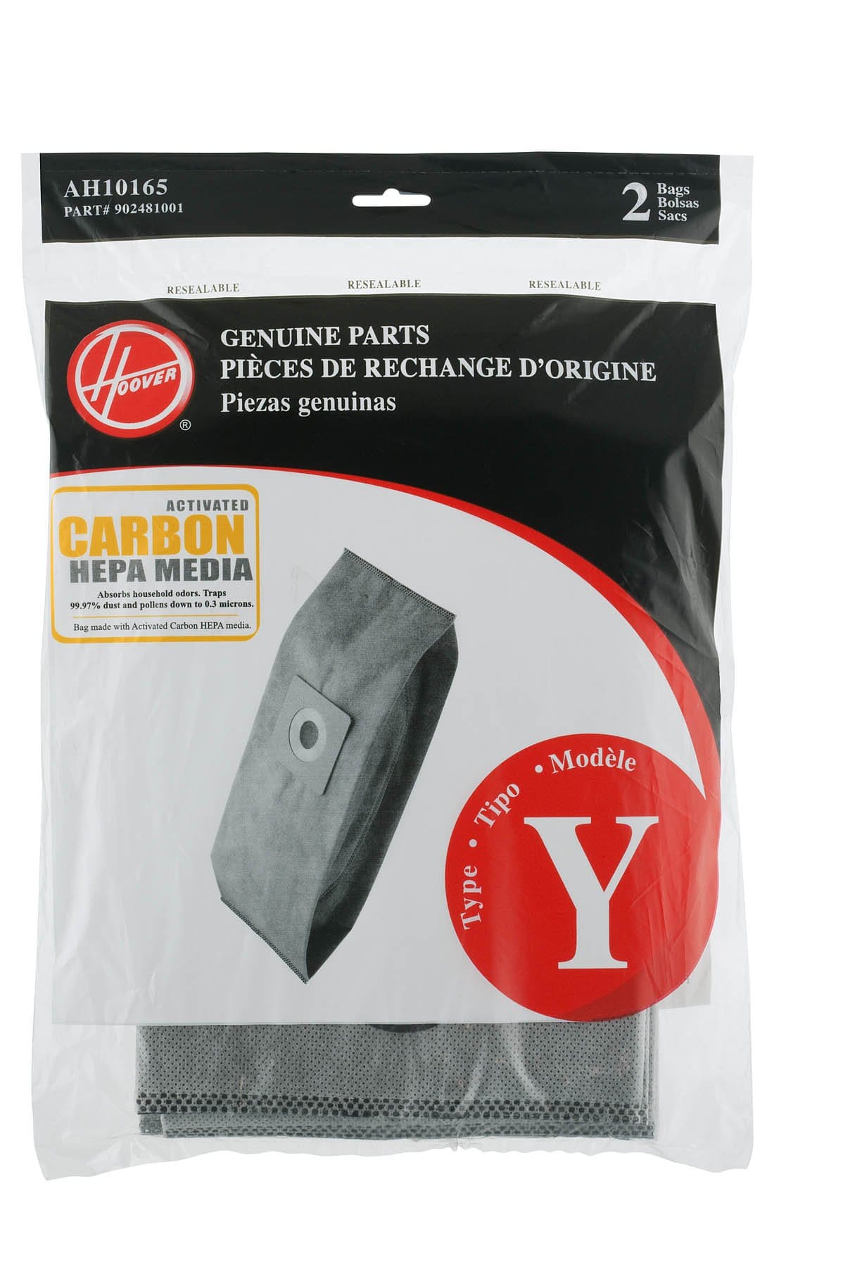 Hoover Type Y Pleated Carbon HEPA Bag Replacement for Upright Vacuum Cleaner - 2 Pack, AH10165 - Gray (2 Count) | High-Efficiency Filtration