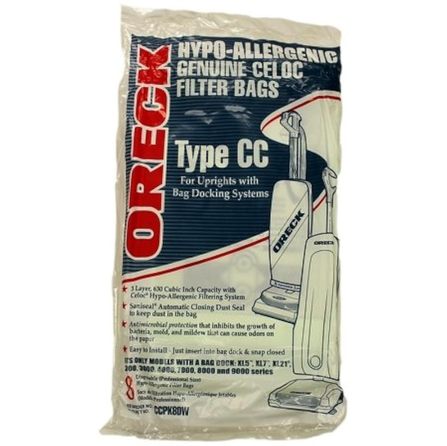 Genuine Oreck CCPK8DW Vacuum Bags for XL5 XL7 XL21 - 8 Pack, Hypo-Allergenic Type CC