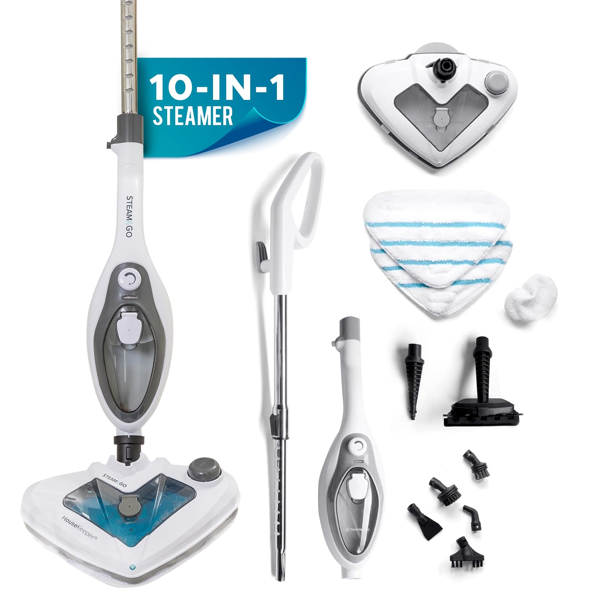Housekeeper Pro Series 10-in-1 Electric Steam Mop with Detachable Handle - Floor Steamer for Tile Grout, Clothes, Furniture, Hardwood, & Upholstery