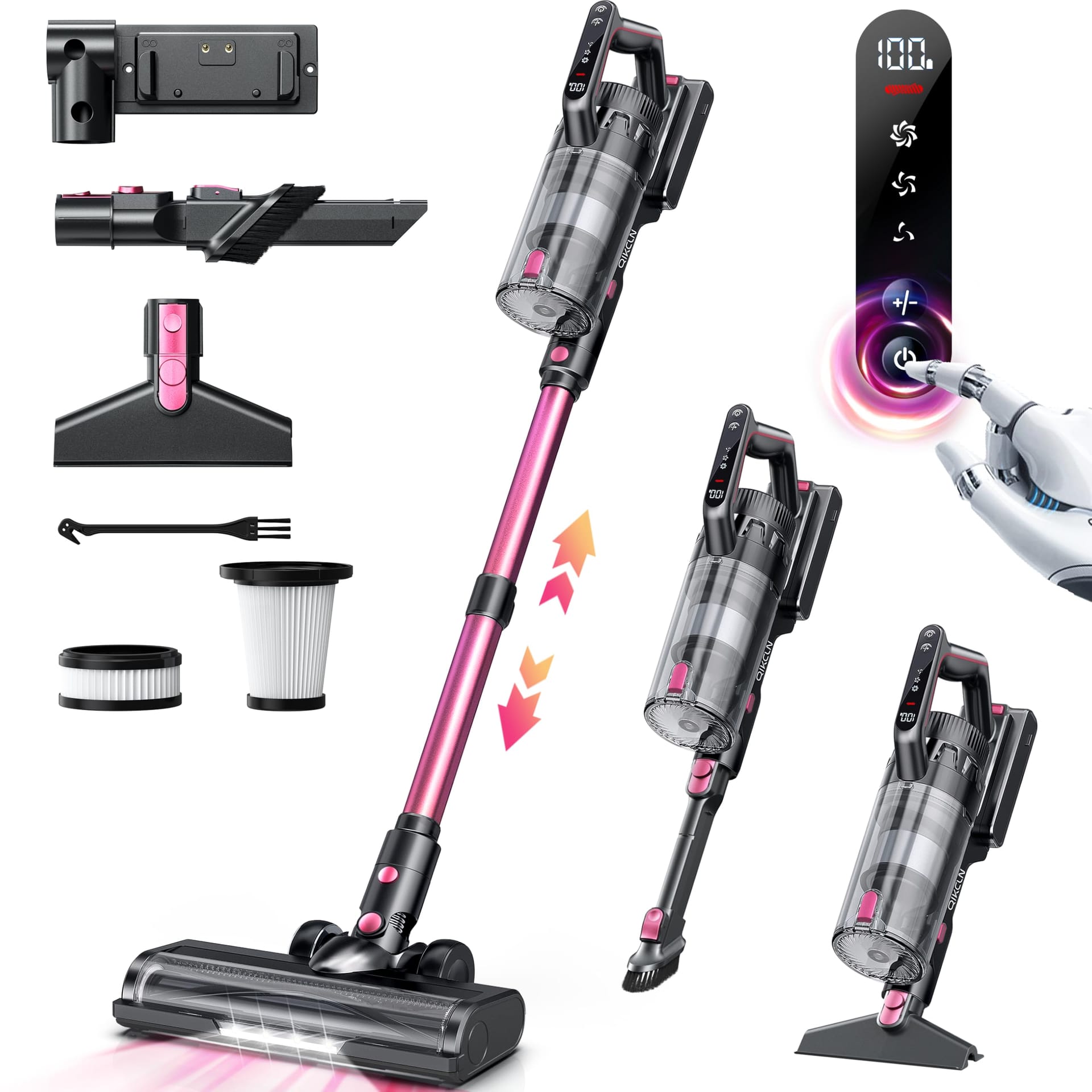 Powerful Cordless Vacuum Cleaner with 23000Pa Suction and LED Headlights - Ideal for Home, Carpet, Hardwood, and Pet Hair (Pink)
