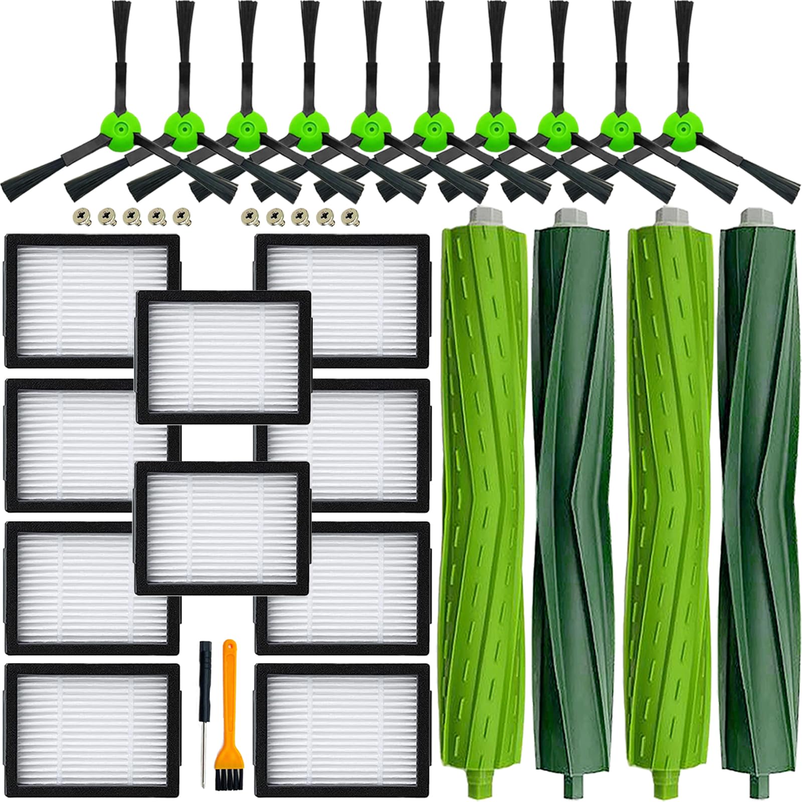 Roomba Replacement Parts Kit for Irobot I, E, J Series Robot Vacuums - 2 Set Rubber Brushes, 10 Vacuum Filters, 10 Side Brushes