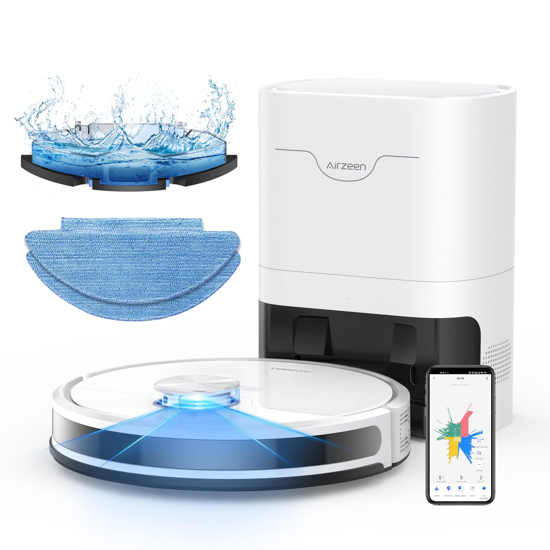 Airzeen Robot Vacuum and Mop with Self-Emptying Base Station, Powerful Suction, Laser Navigator, Smart Mapping, 180Mins Runtime, App Control - Ideal for Carpet/Pet Hair