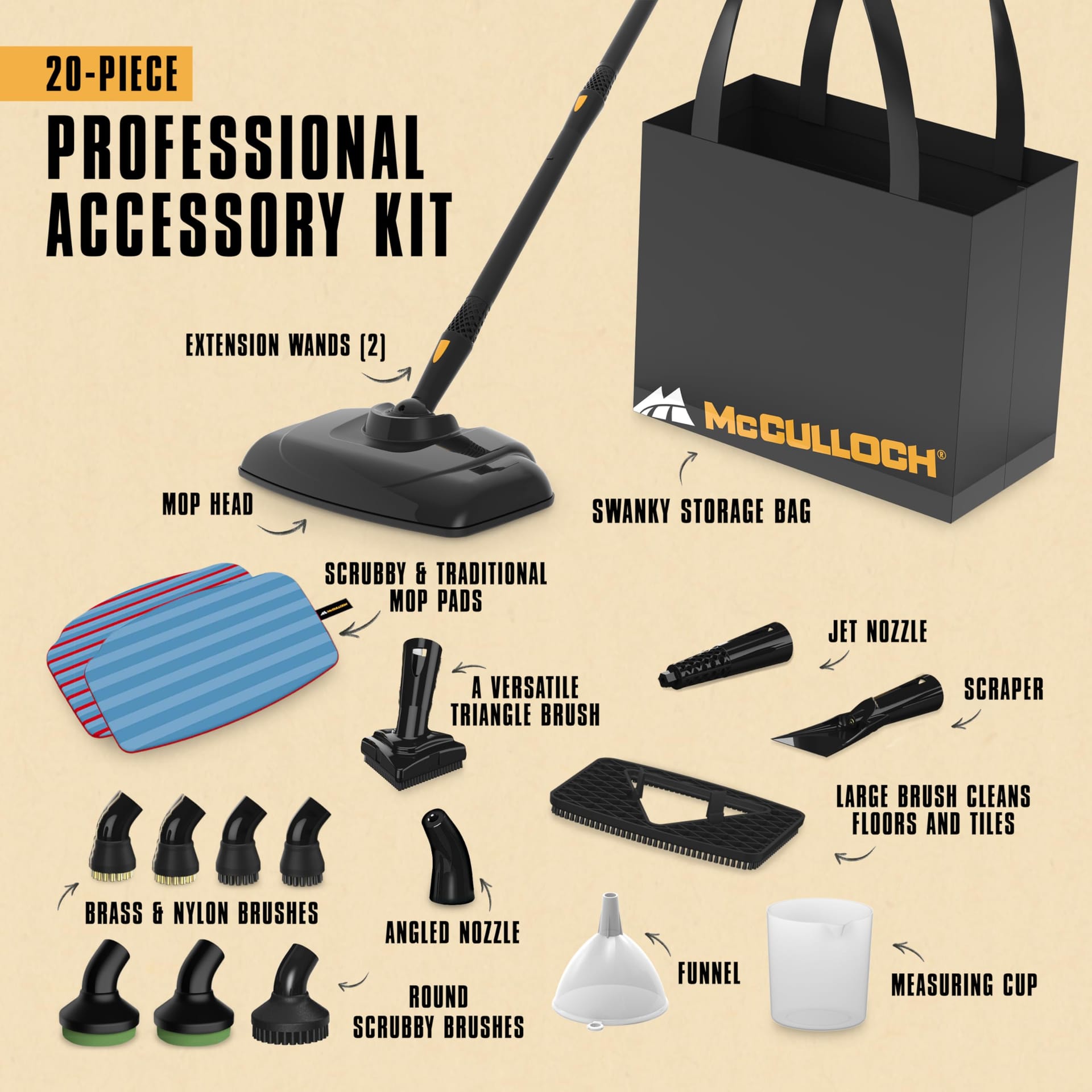 McCulloch MC1375 Canister Steam Cleaner with 20 Accessories, Chemical-Free Cleaning for Various Surfaces, Extra-Long Power Cord - 1 Pack, Black - Review Image 3