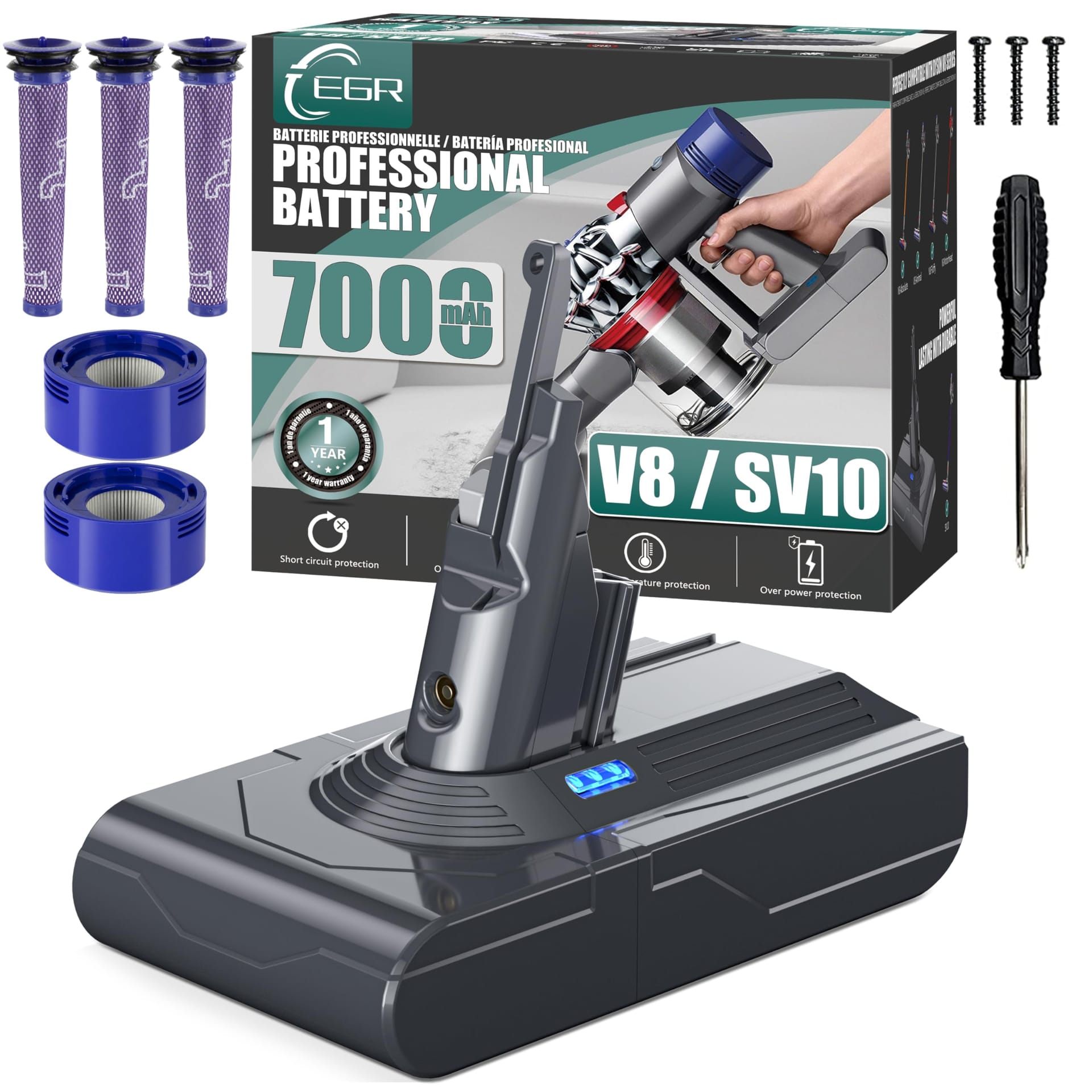 HEPA Compatible 7000mAh V8 Battery Replacement for V8 Absolute, V8 Motorhead, V8 Fluffy Vacuum Cleaners - Includes 5 Filters and 3 Screws