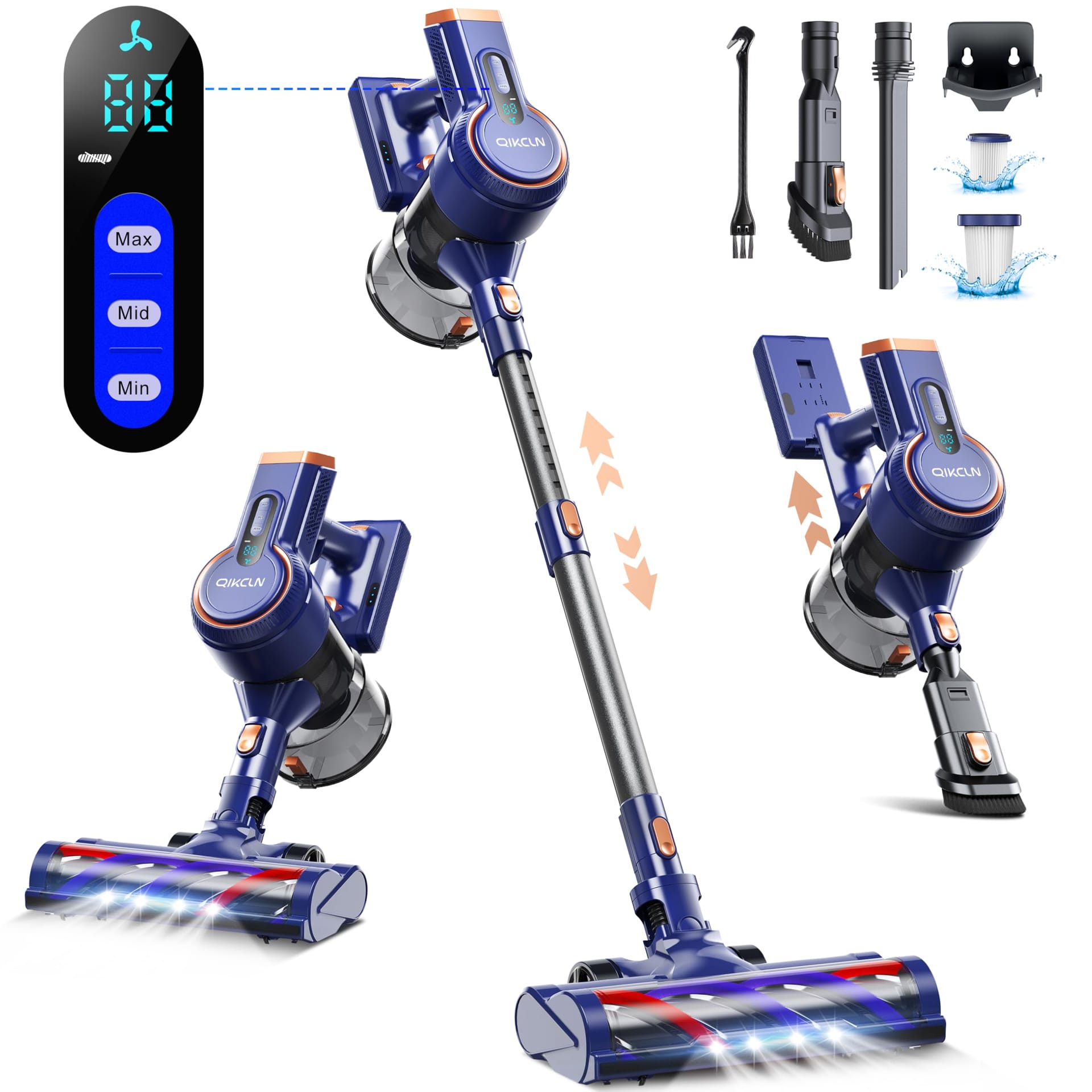 Lightweight Cordless Pet Hair Vacuum Cleaner with Powerful Suction and LED Headlights, 23Kpa, 3 Modes, Rechargeable - Blue