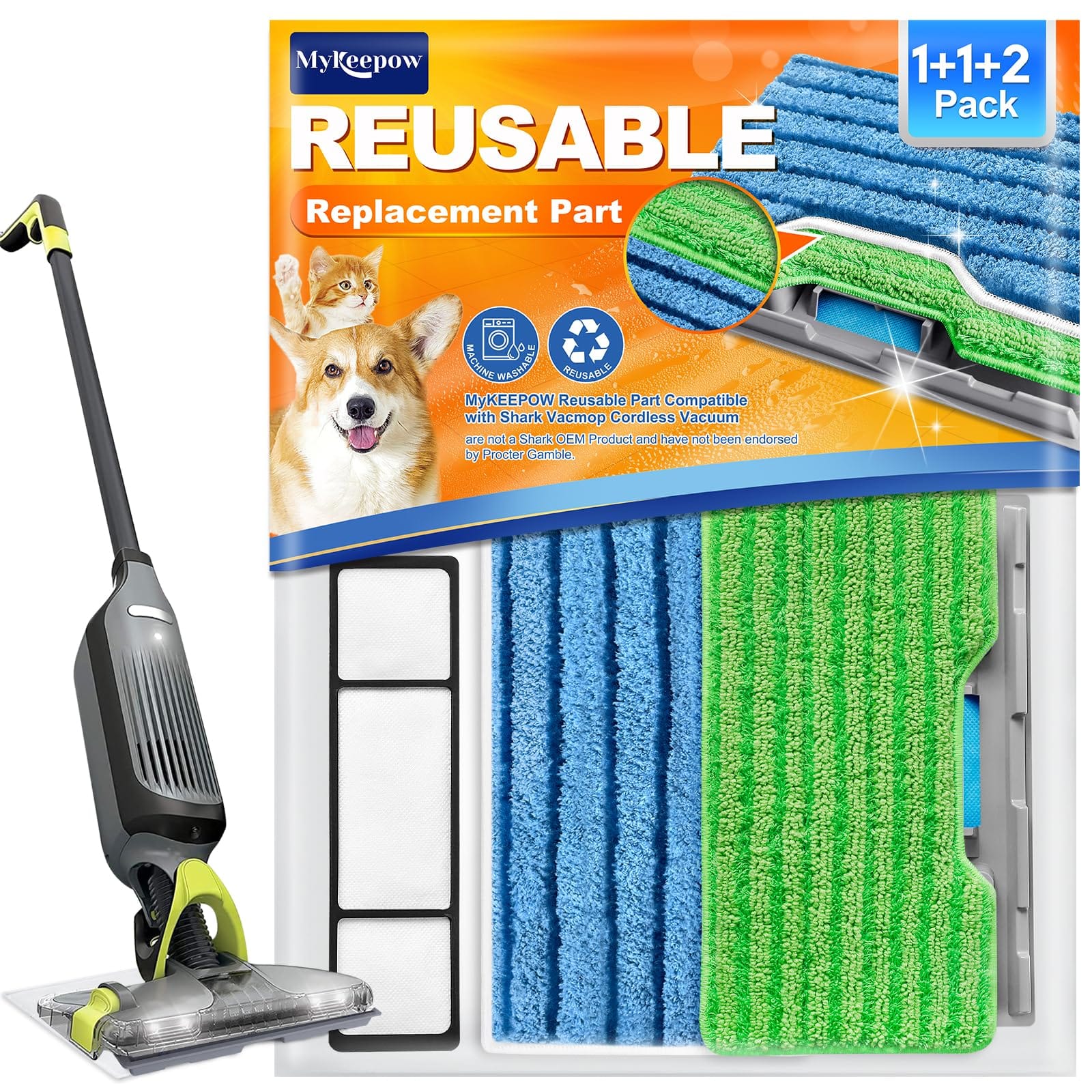 Mykeepow Reusable Vacmop Replacement Pads for Shark Vac Mop VM252 VM251 VM200 Compatible with Pet Hair Vacuum, Upgraded Design, Washable 1+1+2 Pack
