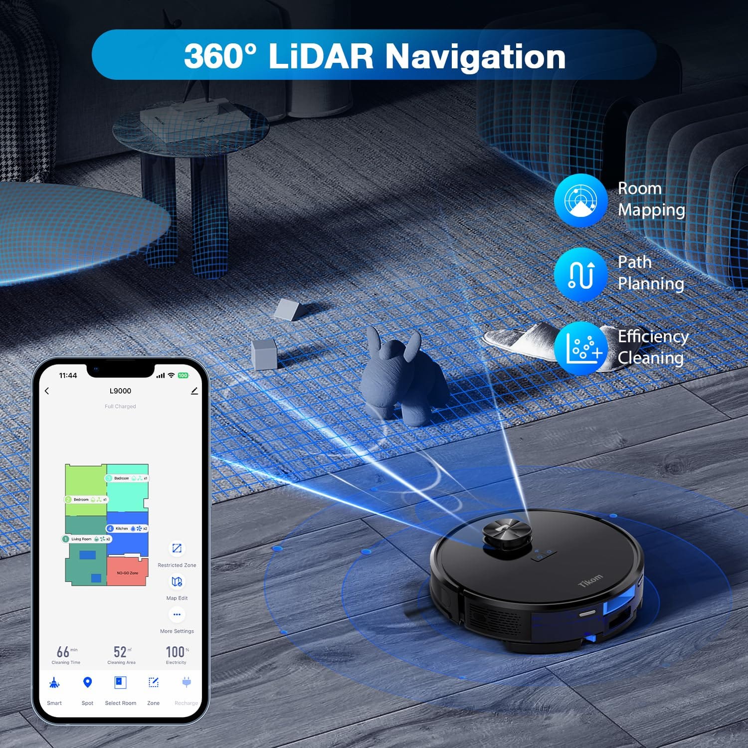 Tikom L9000 Robot Vacuum and Mop Combo with LiDAR Navigation, 4000Pa Suction, Smart Mapping, 14 No-Go Zones - Ideal for Pet Hair, Carpet, and Hard Floors - Review Image 2