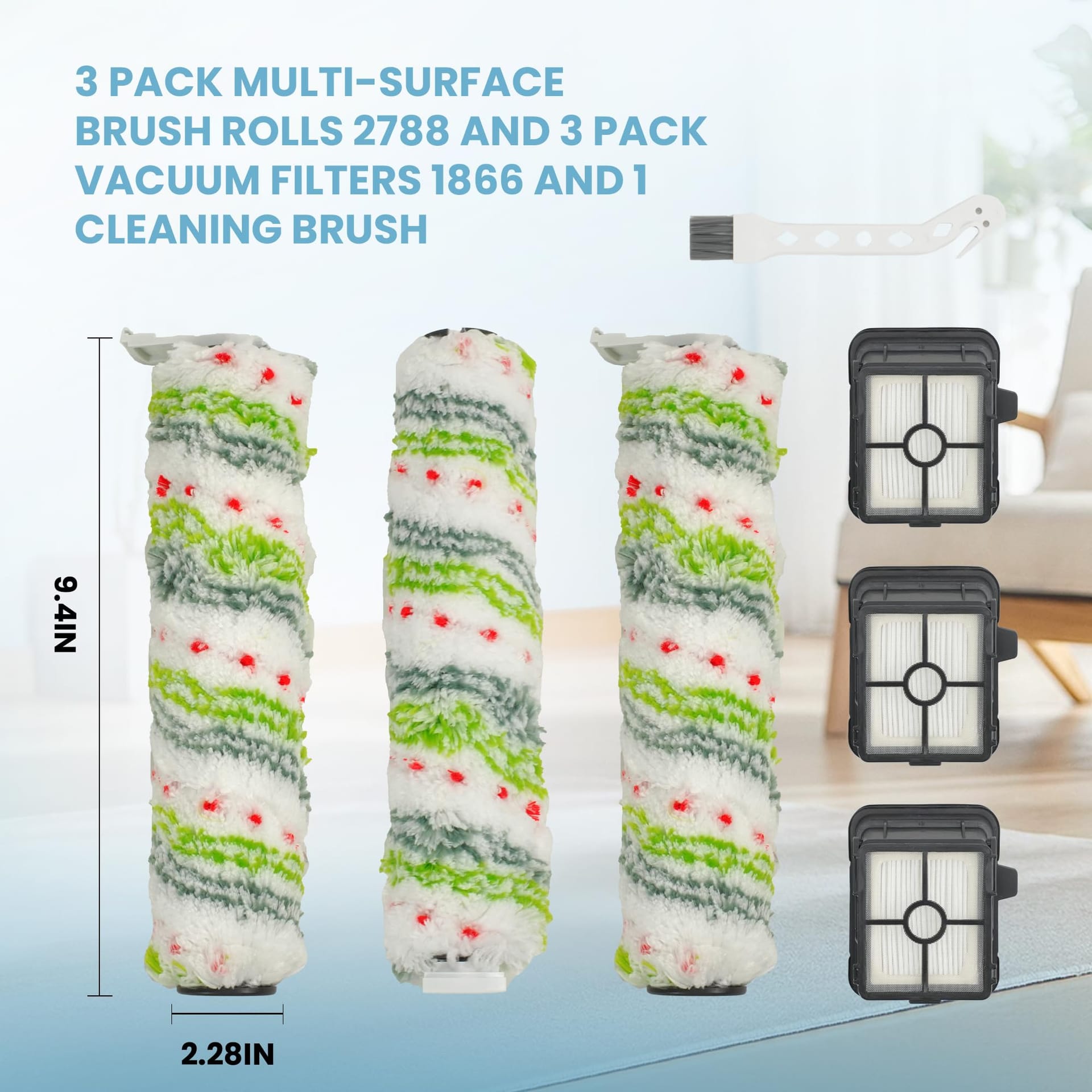 ** 3 Pack Multi-Surface Pet Brush Rolls and Vacuum Filters Compatible with Bissell Crosswave Max - Replacement Parts for Various Models, Including Hydrosteam Vacuums

**DESCRIPTION:** 
Enhance the performance of your Bissell Crosswave Max and HydroSteam vacuums with this 3 pack bundle of multi-surface pet brush rolls and vacuum filters. Compatible with models such as 2554, 2590, 2593, 2596, 35151, 3515, 35152, 3513, and 3518, these replacement parts ensure a seamless fit and optimal functionality.

Crafted from premium materials, the dual-action microfiber and nylon bristles of the 2788 brush rolls effectively mop floors and pick up debris, making them perfect for a variety of surfaces including hardwood, tile, marble, laminate, and linoleum. Paired with the advanced H12 efficiency of the 1866 vacuum filters, these parts are designed to capture even the smallest particles, maintaining a clean environment.

Not only are these replacement parts high-performing, but they are also easy to maintain. Simply wash them under running water and let them air dry before reusing. For optimal performance, it is recommended to replace the brush rolls and filters every 3-6 months.

This valuable package includes 3 brush rolls, 3 replacement filters, and 1 small cleaning brush, providing you with a year's worth of essential components for your Bissell vacuums. Keep your home clean and fresh with these reliable and durable replacement parts. - Review Image 3