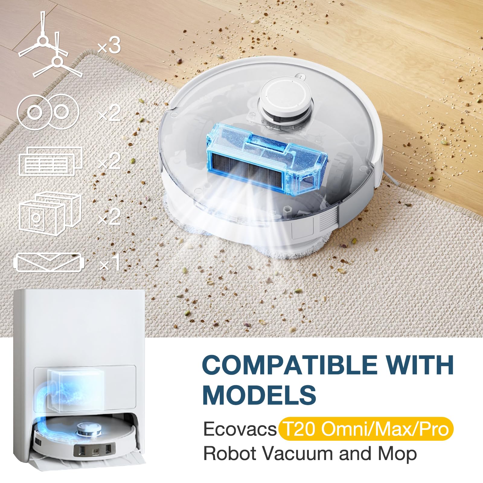 Replacement Parts for Ecovacs T20 Omni/Max/Pro - Vacuum Cleaner Accessories Kit with Main Brush, Hepa Filters, Mop Pads, Vacuum Bags, Side Brushes - Review Image 2