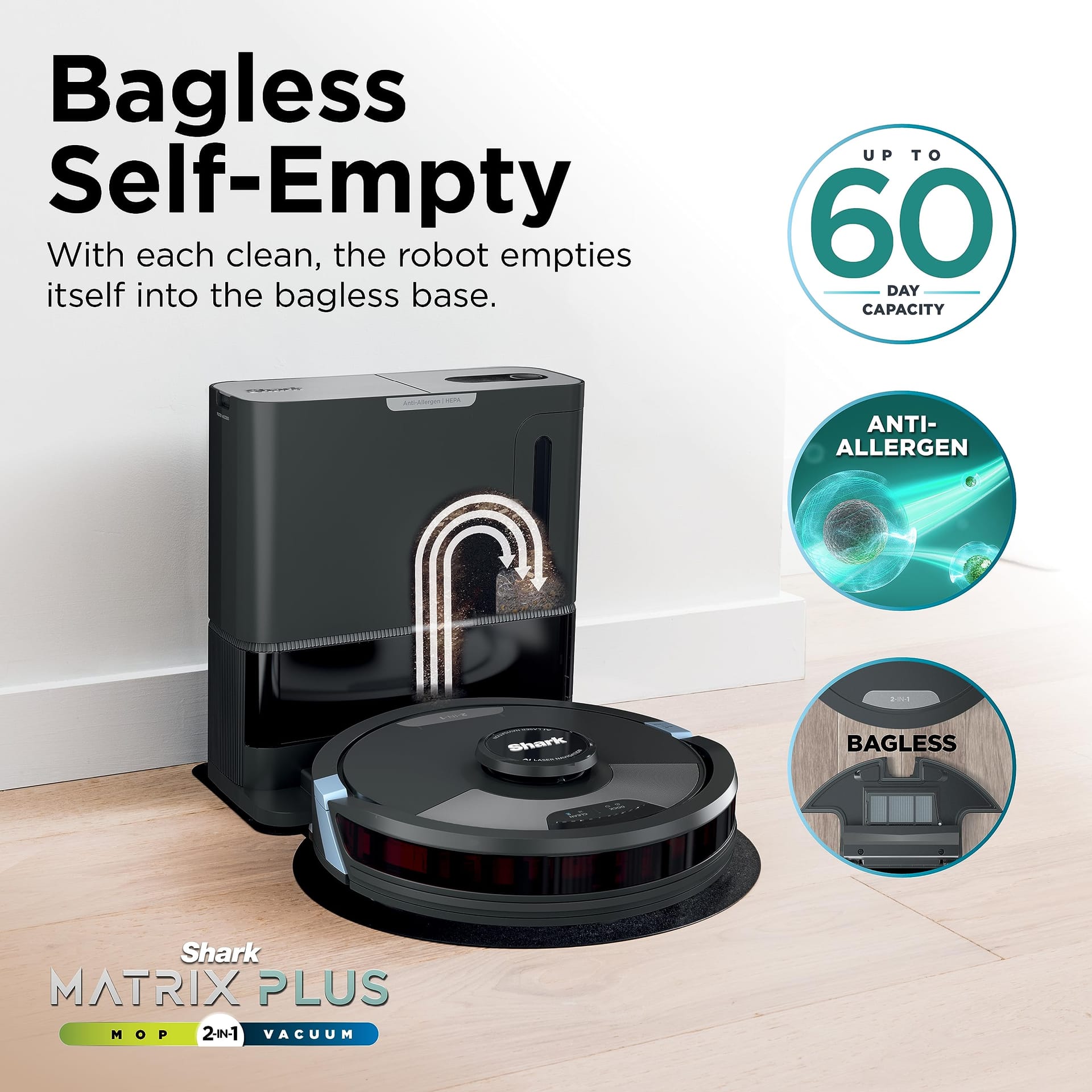 ** Shark Matrix Plus 2-in-1 Robot Vacuum & Mop with Sonic Mopping, Home Mapping, HEPA Filtration, Self-Empty Base - Black/Mocha

**DESCRIPTION:** The Shark Matrix Plus 2-in-1 Robot is the ultimate floor cleaning machine, combining powerful vacuuming with sonic mopping for a thorough clean. Equipped with Matrix Clean technology, this robot navigates your home with precision, ensuring no spots are missed on carpets and hard floors. With features like CleanEdge Detect for edge and corner cleaning, self-cleaning brushroll for pet hair, and HEPA filtration, this robot traps 99.97% of dust and allergens. Its advanced home mapping capabilities allow for autonomous movement, enabling you to customize cleaning zones and schedules via the SharkClean app. Compatible with pets, this robot vacuum is designed to tackle even the toughest pet messes. Say goodbye to manual vacuuming and mopping with the Shark Matrix Plus 2-in-1 Robot, your reliable cleaning companion. - Review Image 5