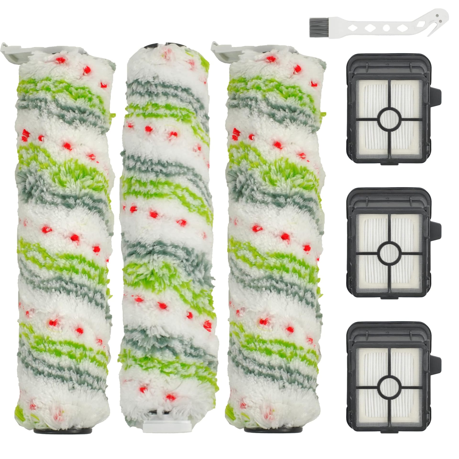 ** 3 Pack Multi-Surface Pet Brush Rolls and Vacuum Filters Compatible with Bissell Crosswave Max - Replacement Parts for Various Models, Including Hydrosteam Vacuums

**DESCRIPTION:** 
Enhance the performance of your Bissell Crosswave Max and HydroSteam vacuums with this 3 pack bundle of multi-surface pet brush rolls and vacuum filters. Compatible with models such as 2554, 2590, 2593, 2596, 35151, 3515, 35152, 3513, and 3518, these replacement parts ensure a seamless fit and optimal functionality.

Crafted from premium materials, the dual-action microfiber and nylon bristles of the 2788 brush rolls effectively mop floors and pick up debris, making them perfect for a variety of surfaces including hardwood, tile, marble, laminate, and linoleum. Paired with the advanced H12 efficiency of the 1866 vacuum filters, these parts are designed to capture even the smallest particles, maintaining a clean environment.

Not only are these replacement parts high-performing, but they are also easy to maintain. Simply wash them under running water and let them air dry before reusing. For optimal performance, it is recommended to replace the brush rolls and filters every 3-6 months.

This valuable package includes 3 brush rolls, 3 replacement filters, and 1 small cleaning brush, providing you with a year's worth of essential components for your Bissell vacuums. Keep your home clean and fresh with these reliable and durable replacement parts.