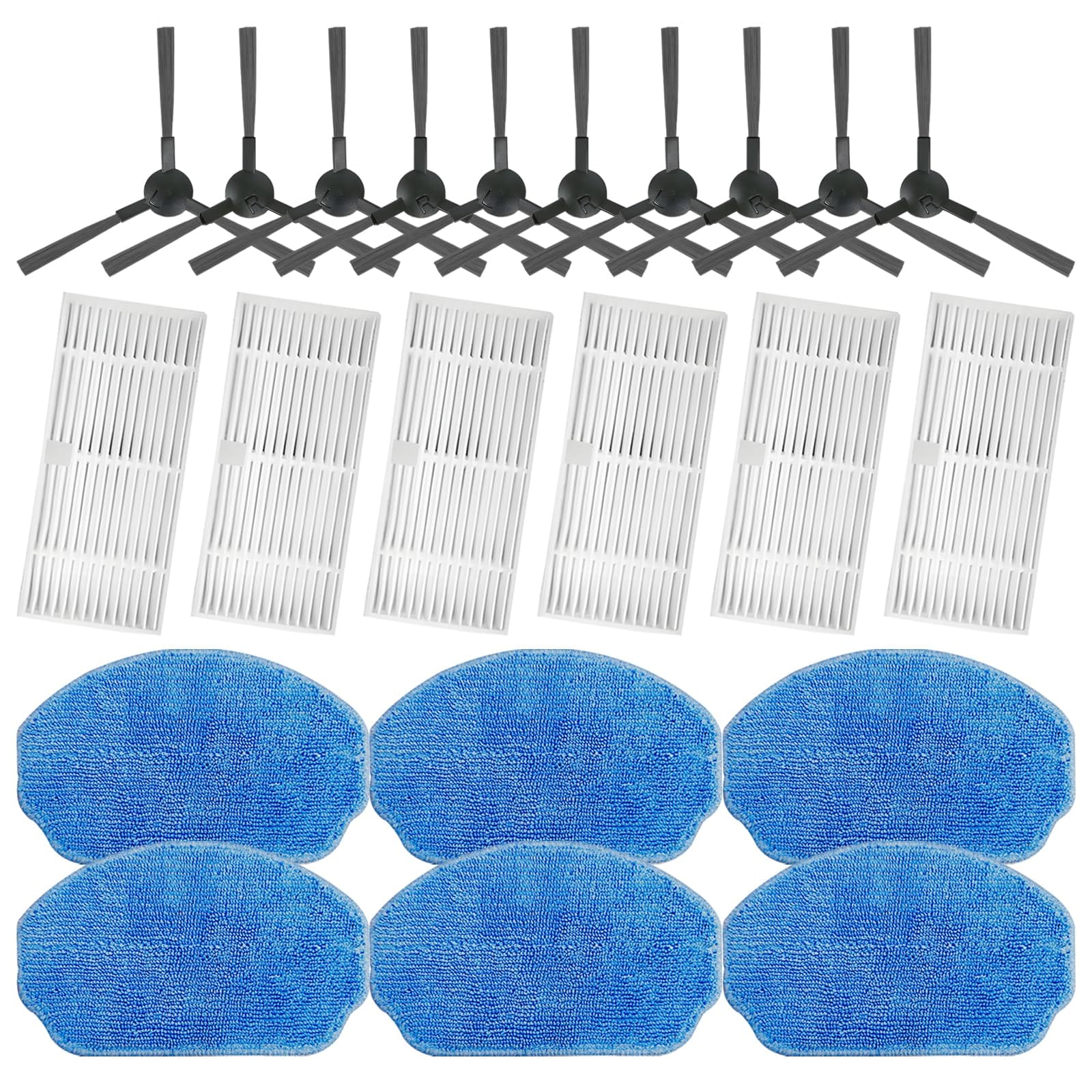 Replacement Parts Compatible with Mamnv/Zcwa/Onson/Gttvo Br150 Br151, Manvins/Kilgone G20, Bobsweep/Teendow BR151 Robot Vacuum and Mop Combo Accessories: 10 Side Brushes, 6 Filters, 6 Mop Pads for Hardwood Floors