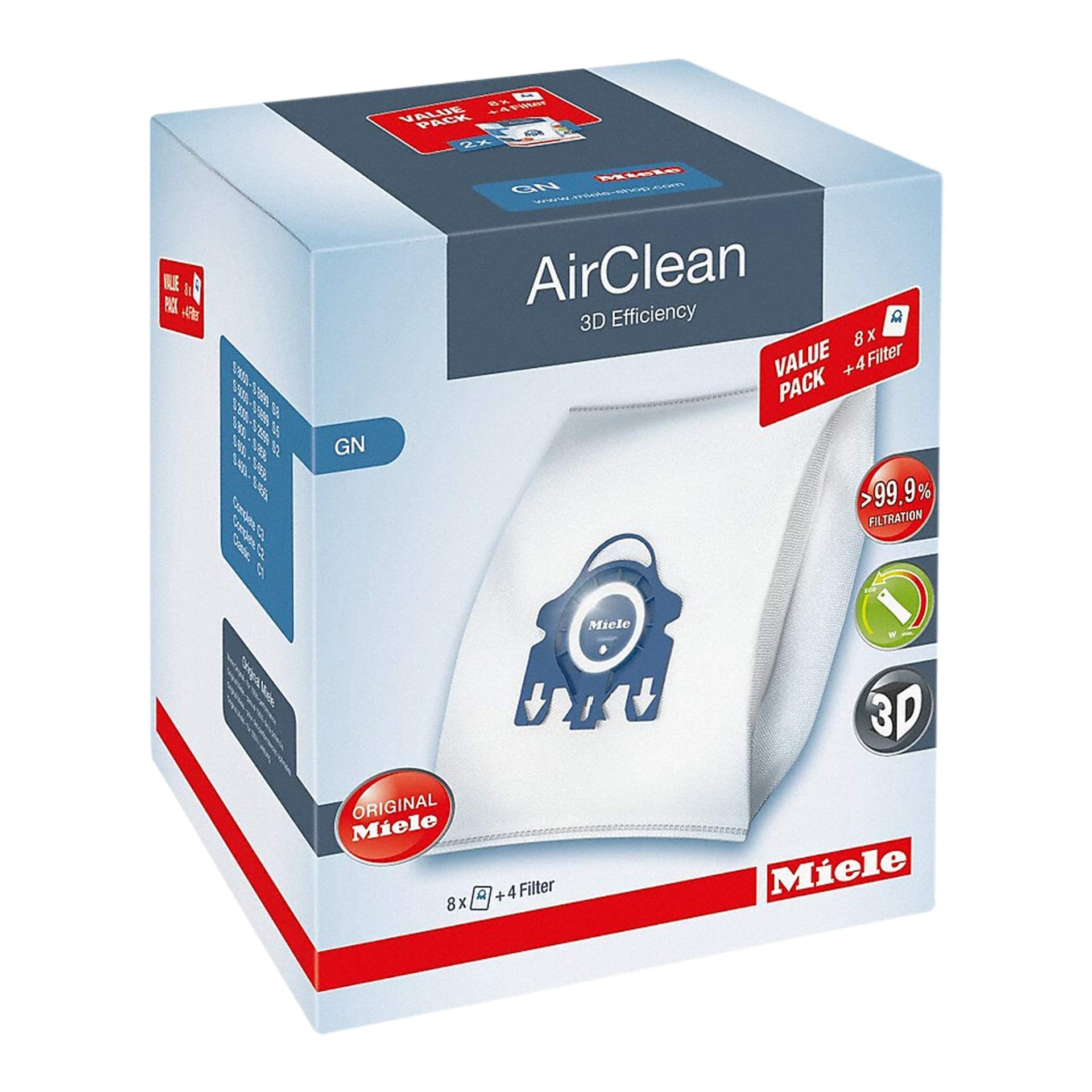 Miele GN Airclean 3D Efficiency Dust Bag XL Value Pack - 8 Bags and 4 Filters