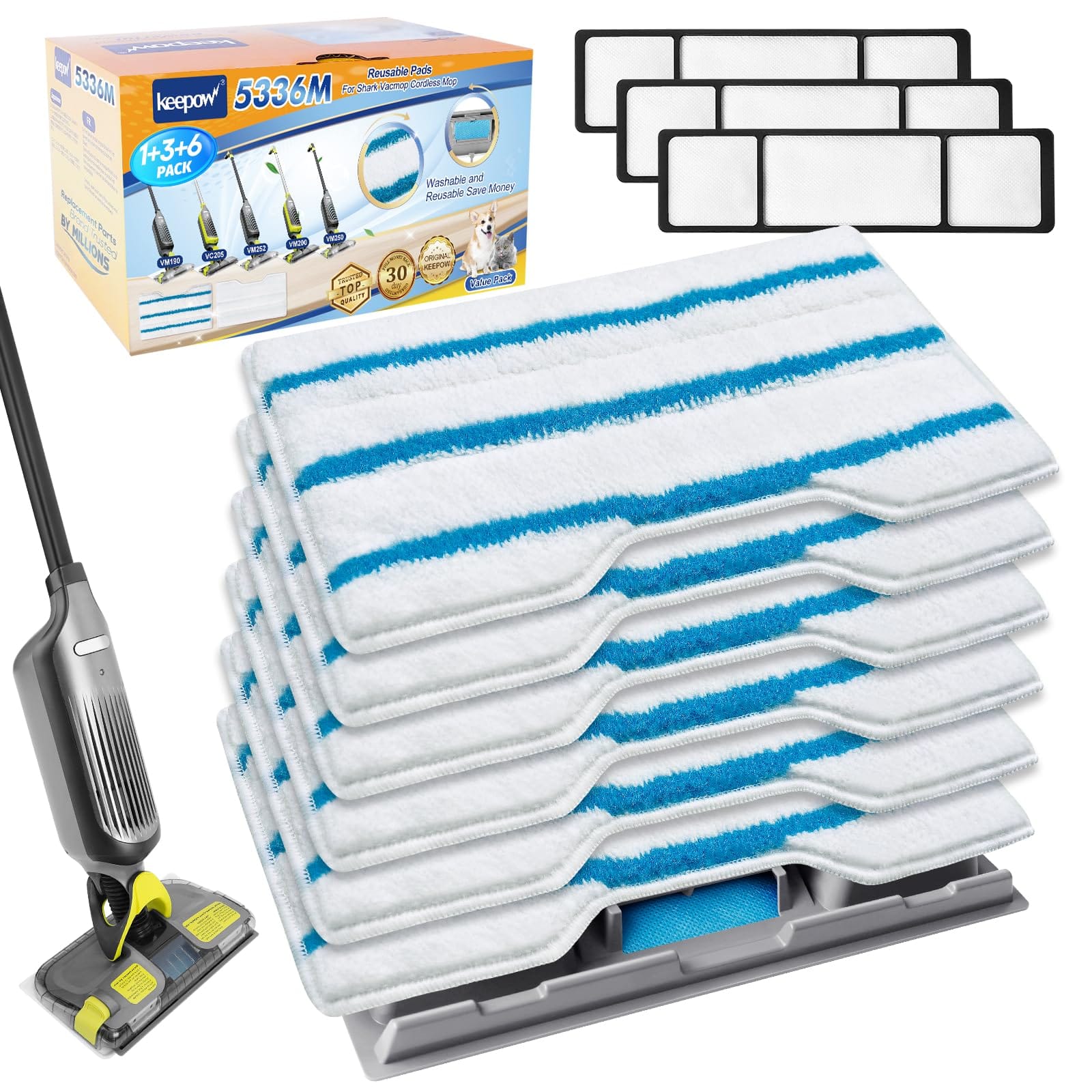 Keepow Reusable Vacmop Replacement Pads for Shark Vac Mop VM252 VM200 VC205 - Washable Vacuum Mop Refills (1+3+6 Pads)