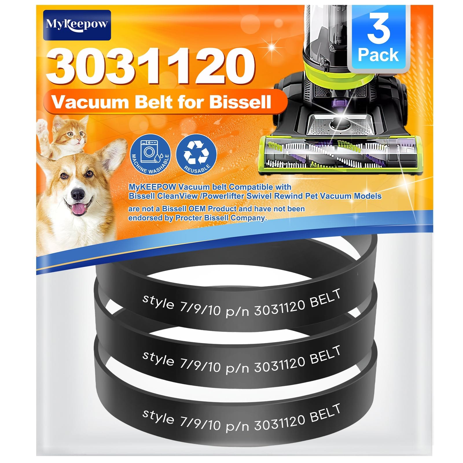 Replacement Belts for Bissell Vacuum Style 7 9 10 12 14 16 - 3 Pack Compatible with Model 2252 Series