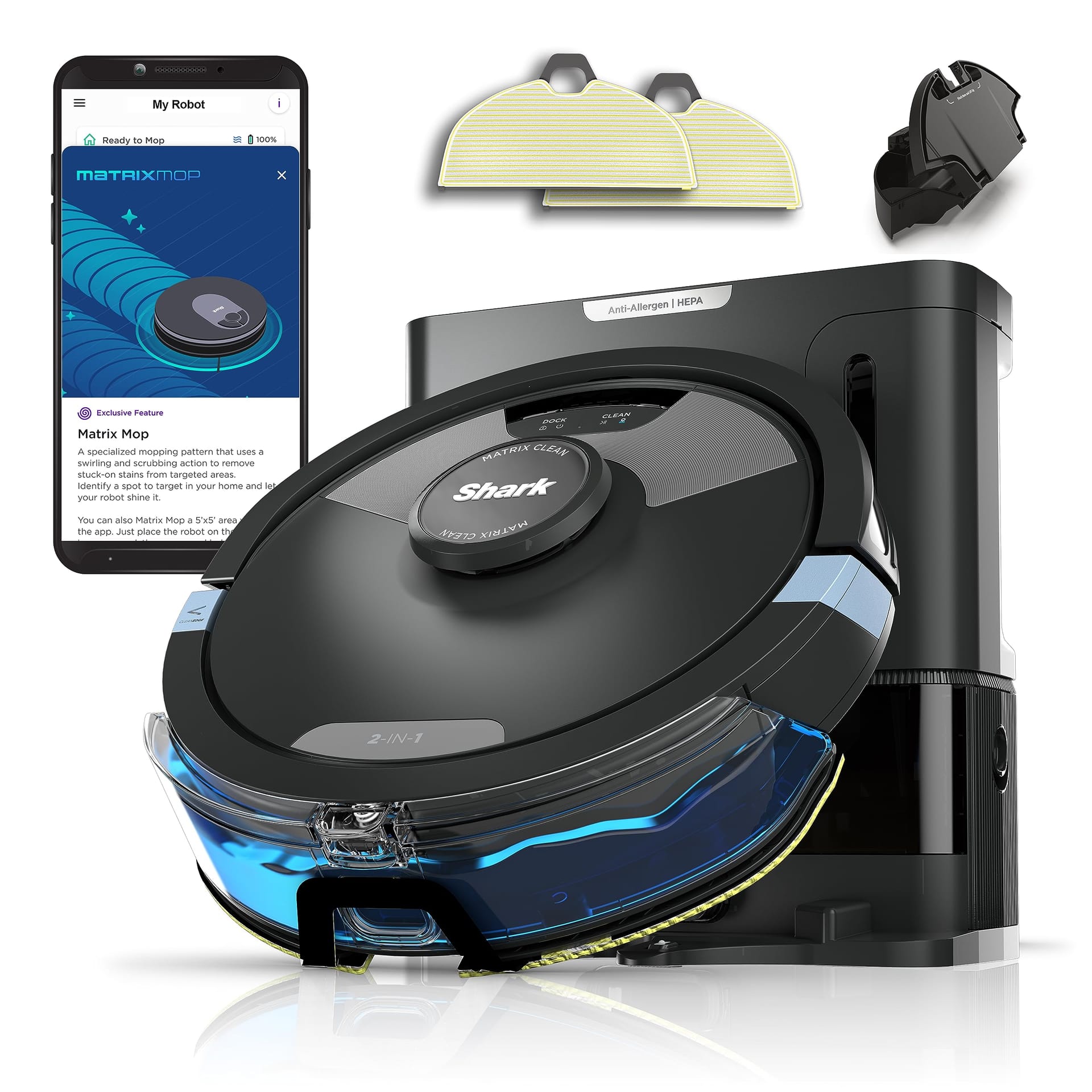 ** Shark Matrix Plus 2-in-1 Robot Vacuum & Mop with Sonic Mopping, Home Mapping, HEPA Filtration, Self-Empty Base - Black/Mocha

**DESCRIPTION:** The Shark Matrix Plus 2-in-1 Robot is the ultimate floor cleaning machine, combining powerful vacuuming with sonic mopping for a thorough clean. Equipped with Matrix Clean technology, this robot navigates your home with precision, ensuring no spots are missed on carpets and hard floors. With features like CleanEdge Detect for edge and corner cleaning, self-cleaning brushroll for pet hair, and HEPA filtration, this robot traps 99.97% of dust and allergens. Its advanced home mapping capabilities allow for autonomous movement, enabling you to customize cleaning zones and schedules via the SharkClean app. Compatible with pets, this robot vacuum is designed to tackle even the toughest pet messes. Say goodbye to manual vacuuming and mopping with the Shark Matrix Plus 2-in-1 Robot, your reliable cleaning companion.