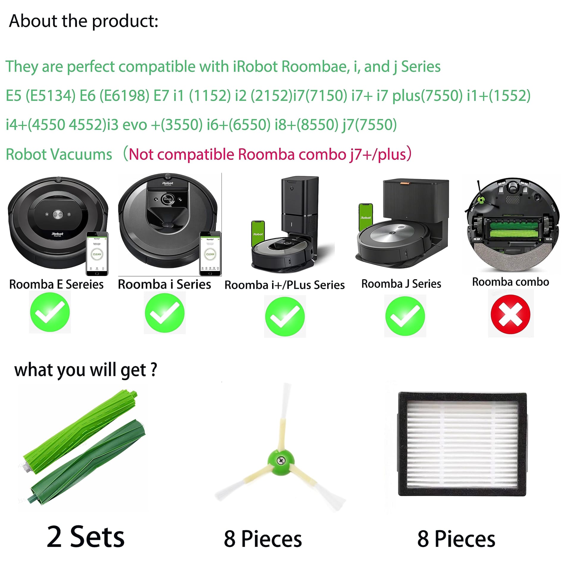 JoyBros Replacement Parts Kit for Irobot Roomba Evo Combo E5 E6 I1 I2 I3 I4 I5 I6 I7 I8 J5 J7 J8 Plus - 2 Sets Rubber Brushes, 8 HEPA Filters, 8 Side Brushes - Review Image 2