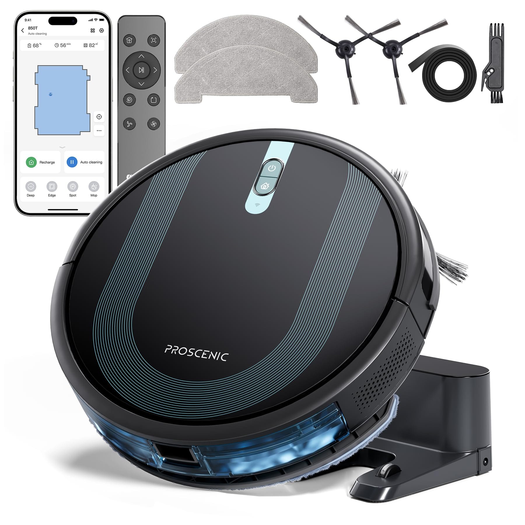 Smart Proscenic Wifi Robot Vacuum and Mop 3000 Pa with Gyro Navigation, Self-Charging - 3 Modes for Hard Floors and Carpets, Remote Control - Dark Black