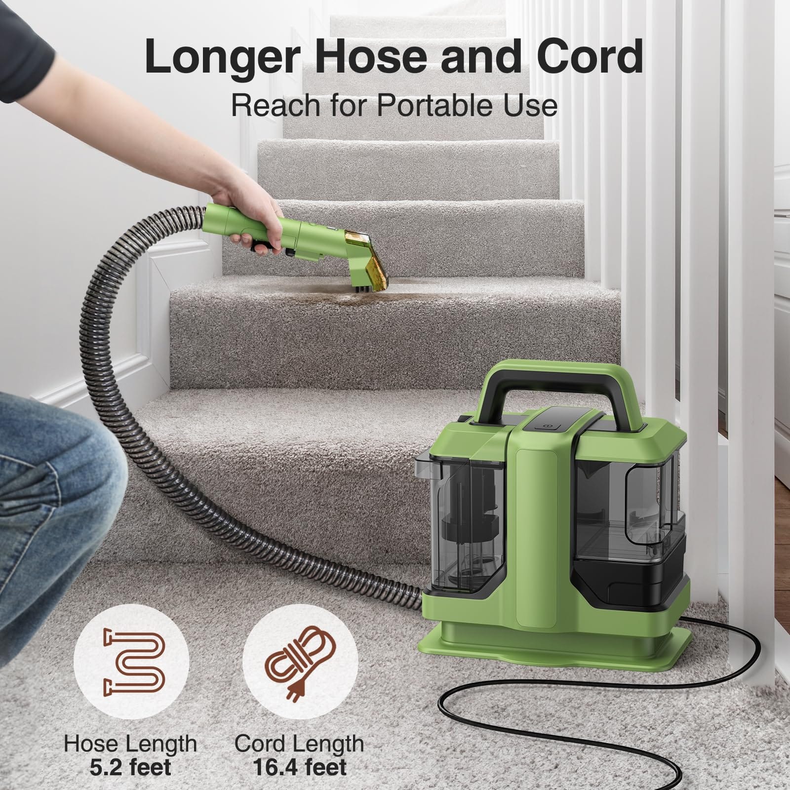 Portable Carpet and Upholstery Cleaner with Powerful Suction for Pet Stain Removal, 500W Cleaning Machine for Couches, Car Seats - Green - Review Image 5