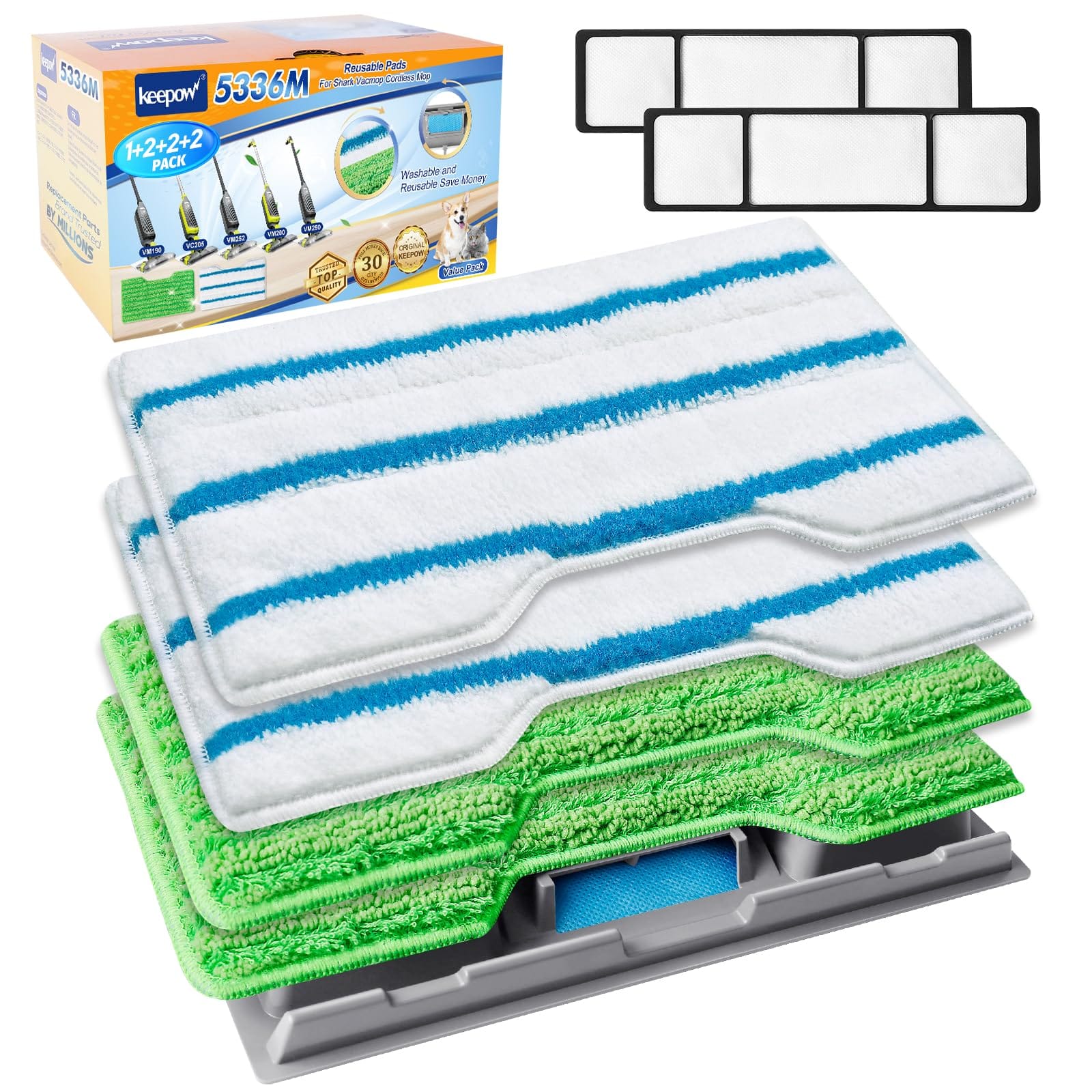 Keepow Reusable Vacmop Replacement Pads for Shark Vac Mop VM252 VM200 VC205 - Washable, Upgraded Design (1+2+2+2 Pads)