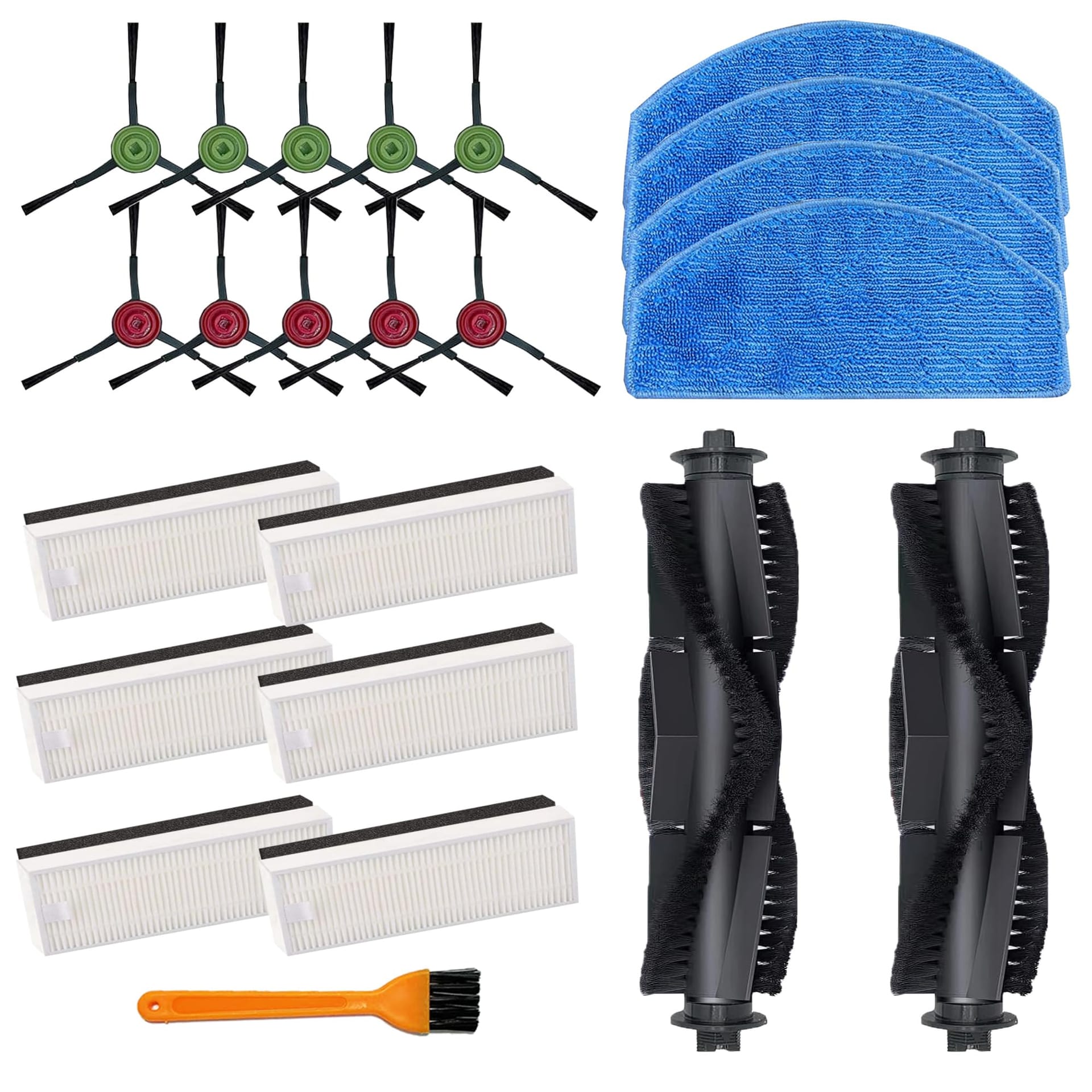 Replacement Parts for Tikom G8000, G8000 Pro, Honiture G20 - 2 Main Roller Brush, 10 Side Brushes, 6 Hepa Filters, 4 Mop Pads