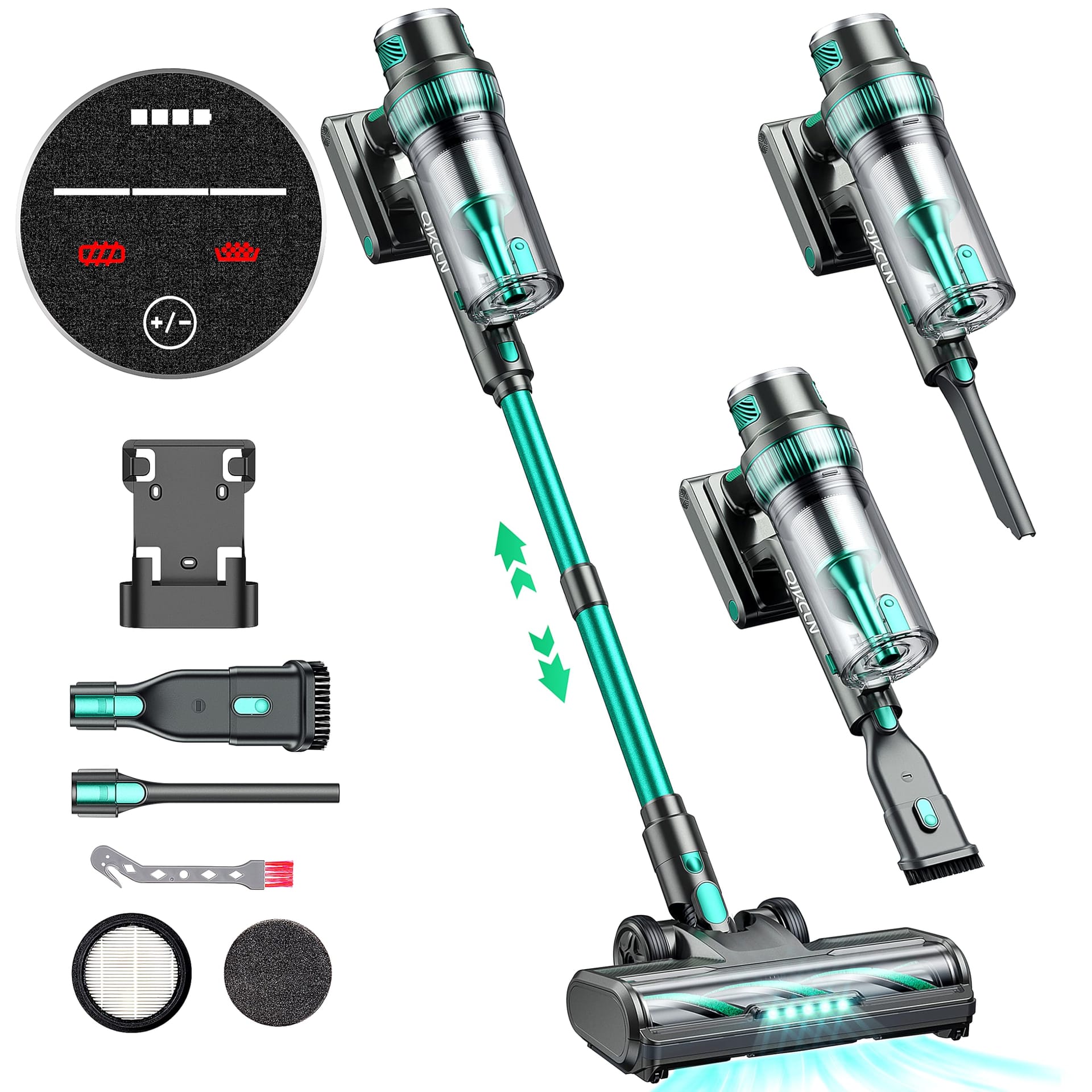 Budget-Friendly Qikcln Cordless Stick Vacuum Cleaner - 30Kpa Powerful Suction, LED Display, Three Cleaning Modes, 40 Mins Runtime - Ideal for Pet Hair, Hardwood, and Carpet - Green