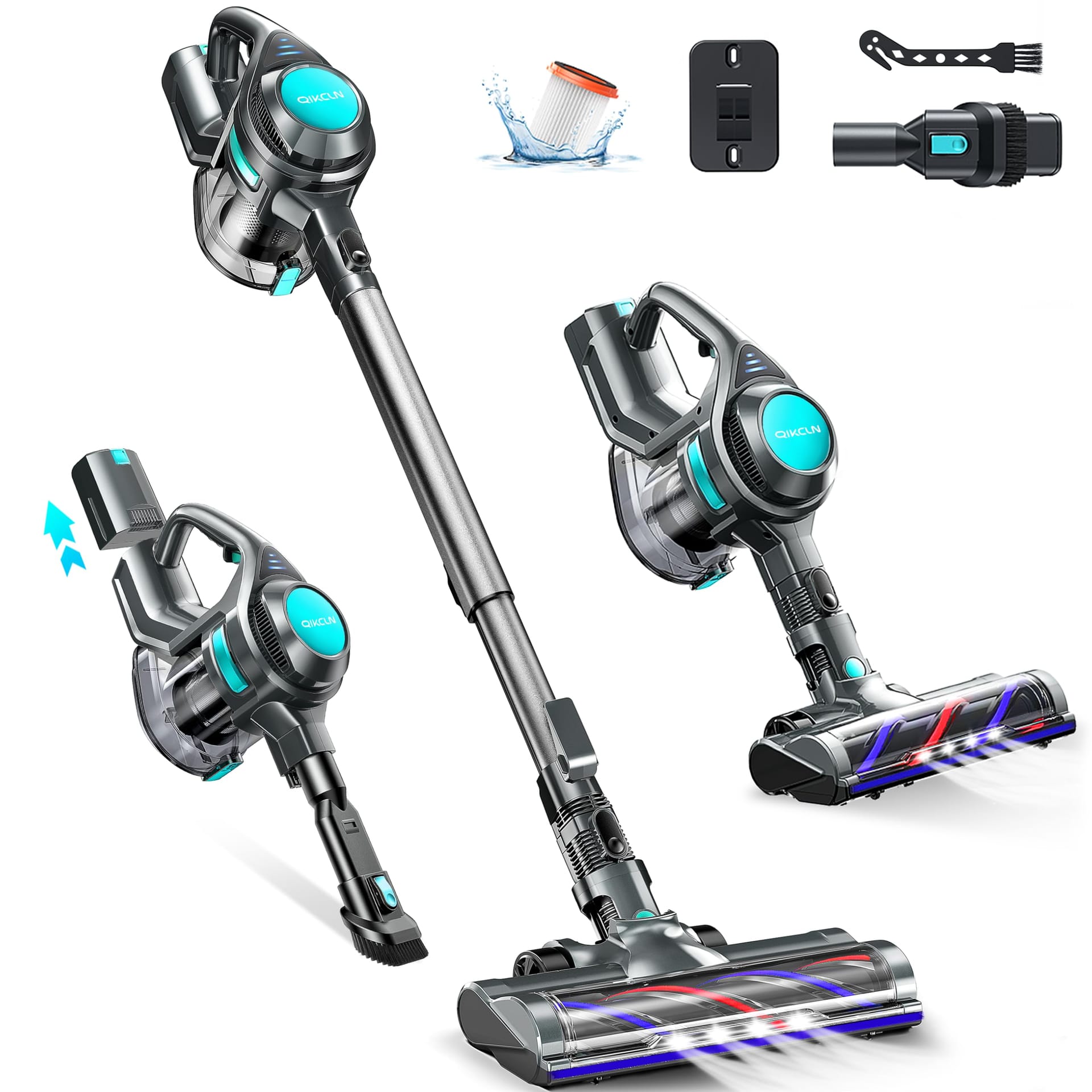 QikCln Cordless Stick Vacuum Cleaner - 8-in-1 Powerful Home Vacuum with 1.3L Capacity, 2 Modes & 30Mins Runtime - Green