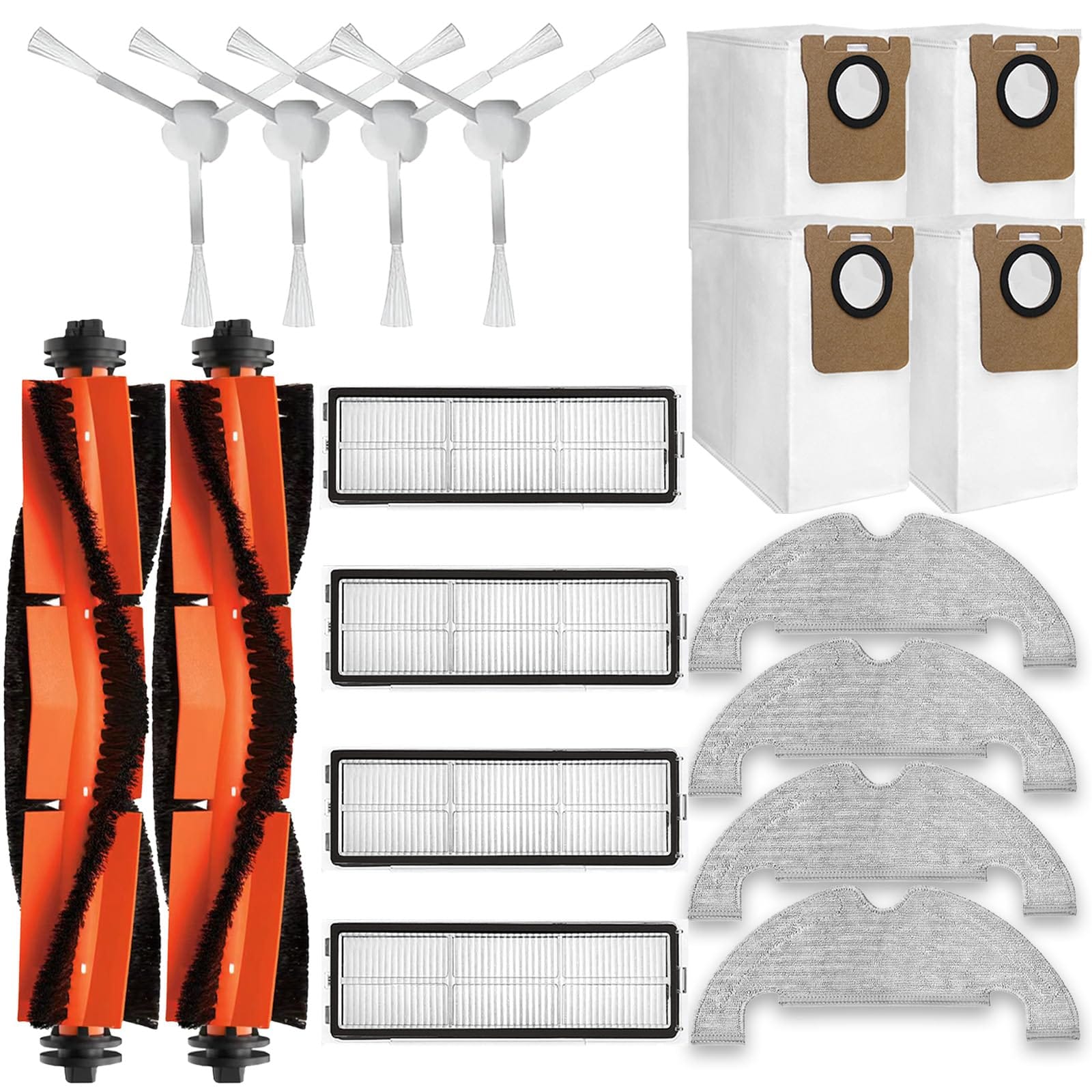 Replacement Parts Kit For Dreametech D10 Plus Robot Vacuum Cleaner - 2 Main Roller Brush, 4 Side Brush, 4 HEPA Filter, 4 Mop Pad, 4 Dust Bags (18Pcs)