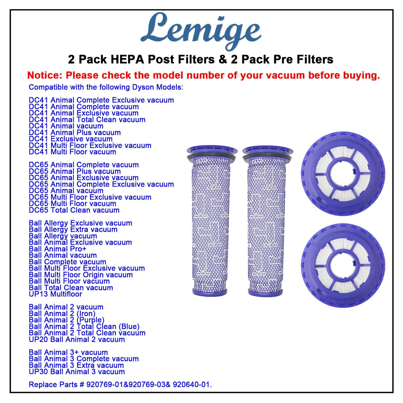 Lemige 2 Pack Post and Pre Filters Replacement for Dyson DC41 DC65 DC66 Up13 Up20 Up30 Animal, Multi Floor, Ball Vacuum - Compare to Part 920769-01&920640-01 - Review Image 3