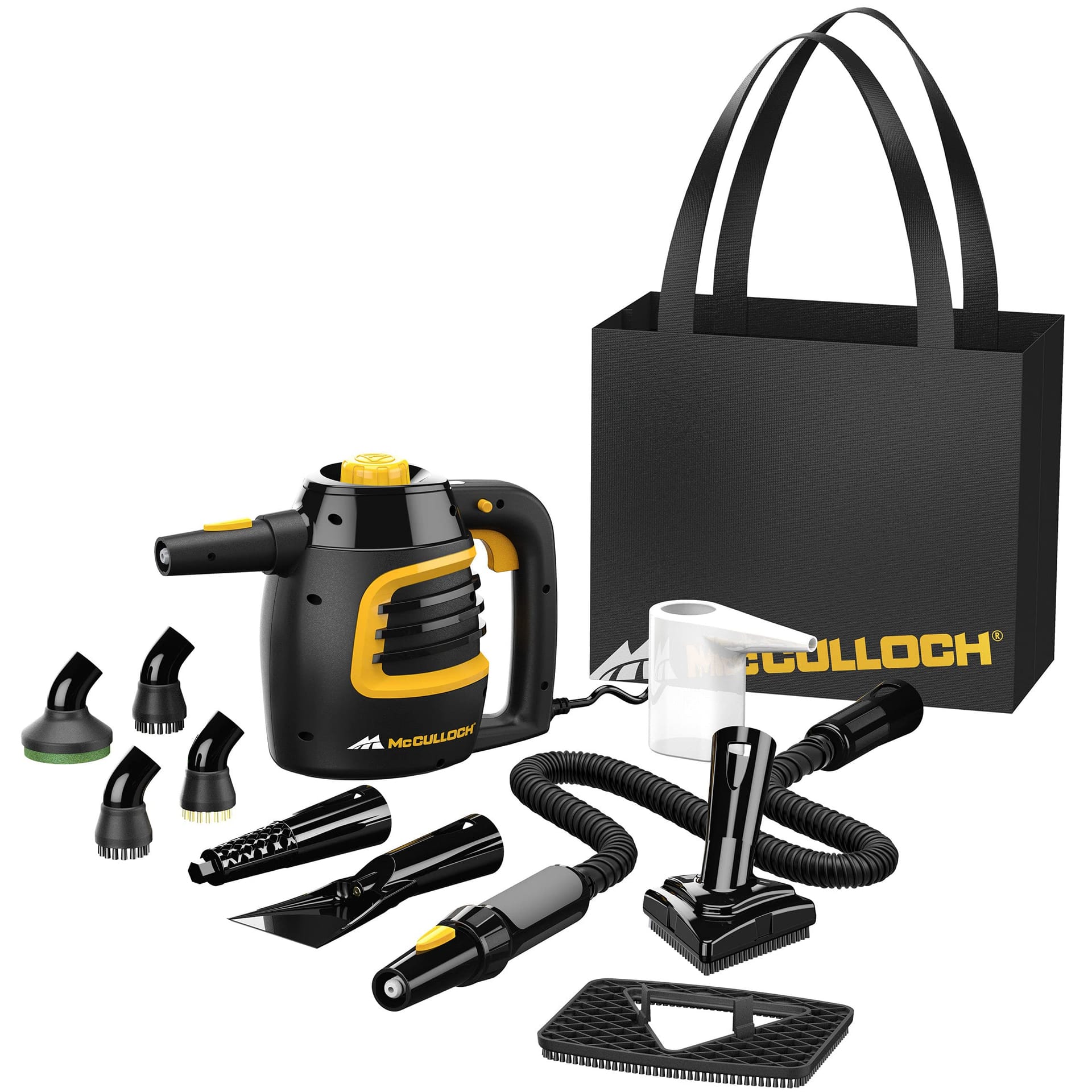 McCulloch MC1230 Handheld Steam Cleaner with Extension Hose - Quick Heat-Up Time, 11-Piece Accessory Set, Chemical-Free Cleaning for Tile, Black