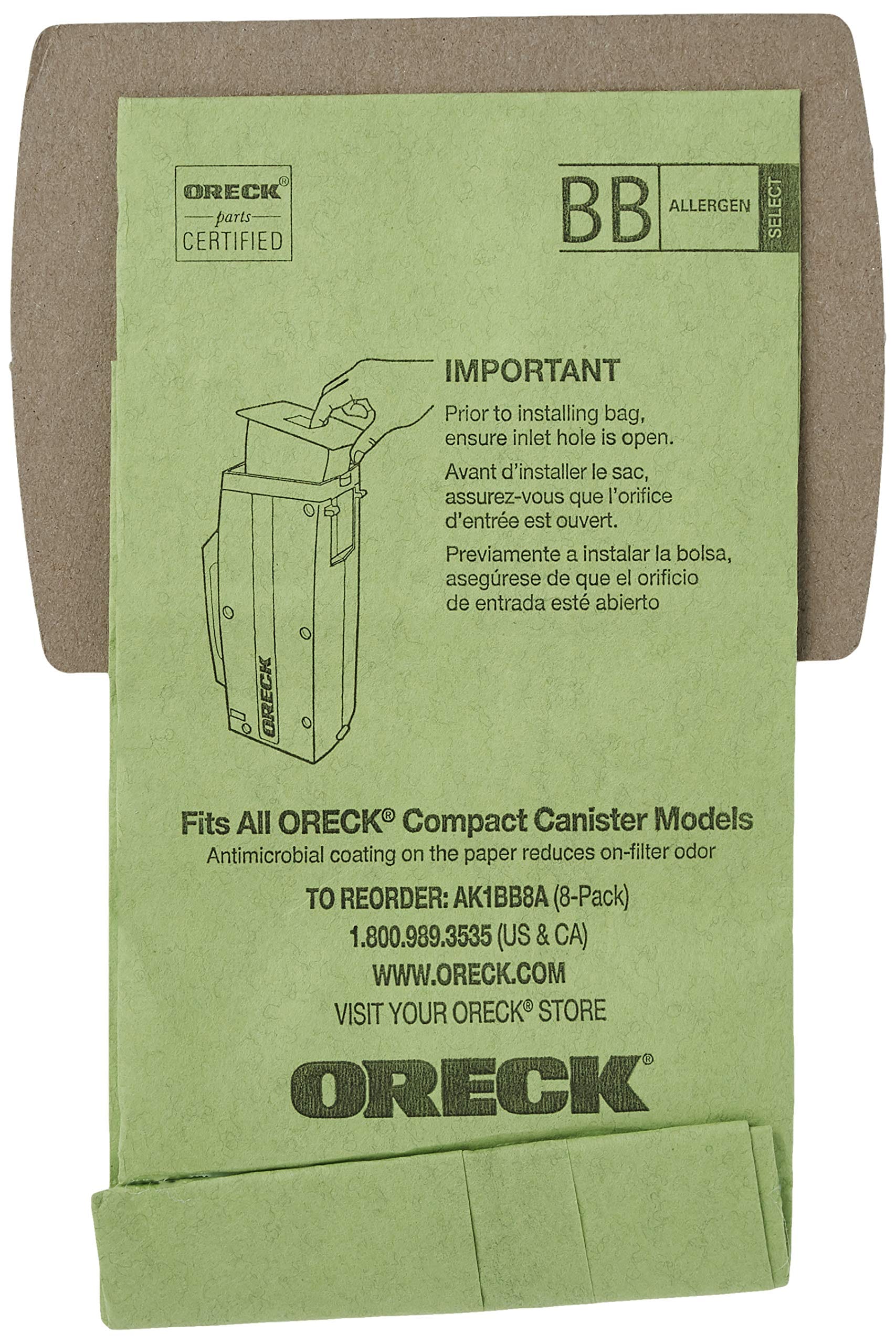Oreck Genuine Buster B Canister Vacuum Paper Bags, 8-Pack AK1BB8A Green - Compatible with Oreck BB900-DGR