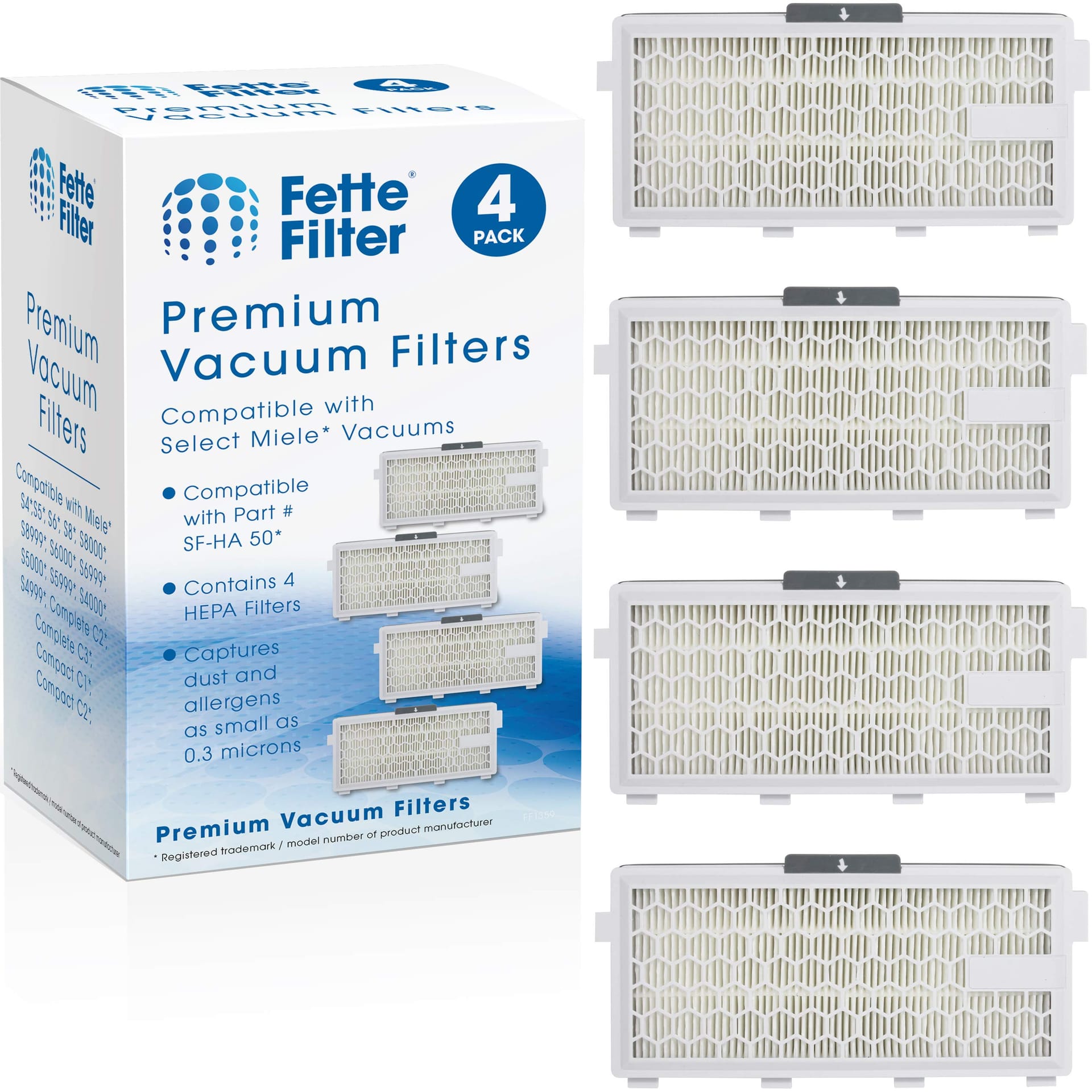 Pack of 4 HEPA Filters Compatible with Miele SF-HA 50 for Models S4, S5, S6, S8, S8000, S8999, S6000, S6999, S5000, S5999, S4000, S4999, Complete C2 & C3